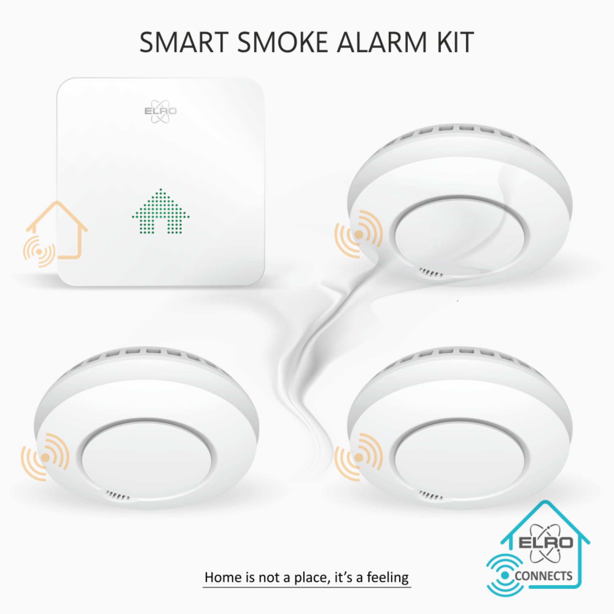 ELRO Connects SF500S - Complete Wireless Smoke Detector Kit with K2 Connector + 3 Smoke Alarms - Smartphone Alerts - EN14604 Certified - Ideal for Home & Office Safety Protection
