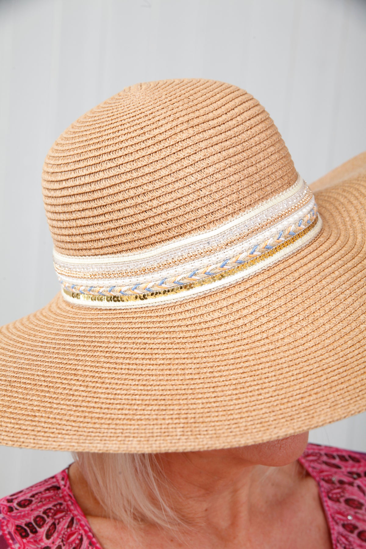 Seaside Sparkle Hat Tan - Stylish Sun Hat for Women, UPF 50+ UV Protection, Wide Brim Beach Hat for Summer, Travel, and Outdoor Activities