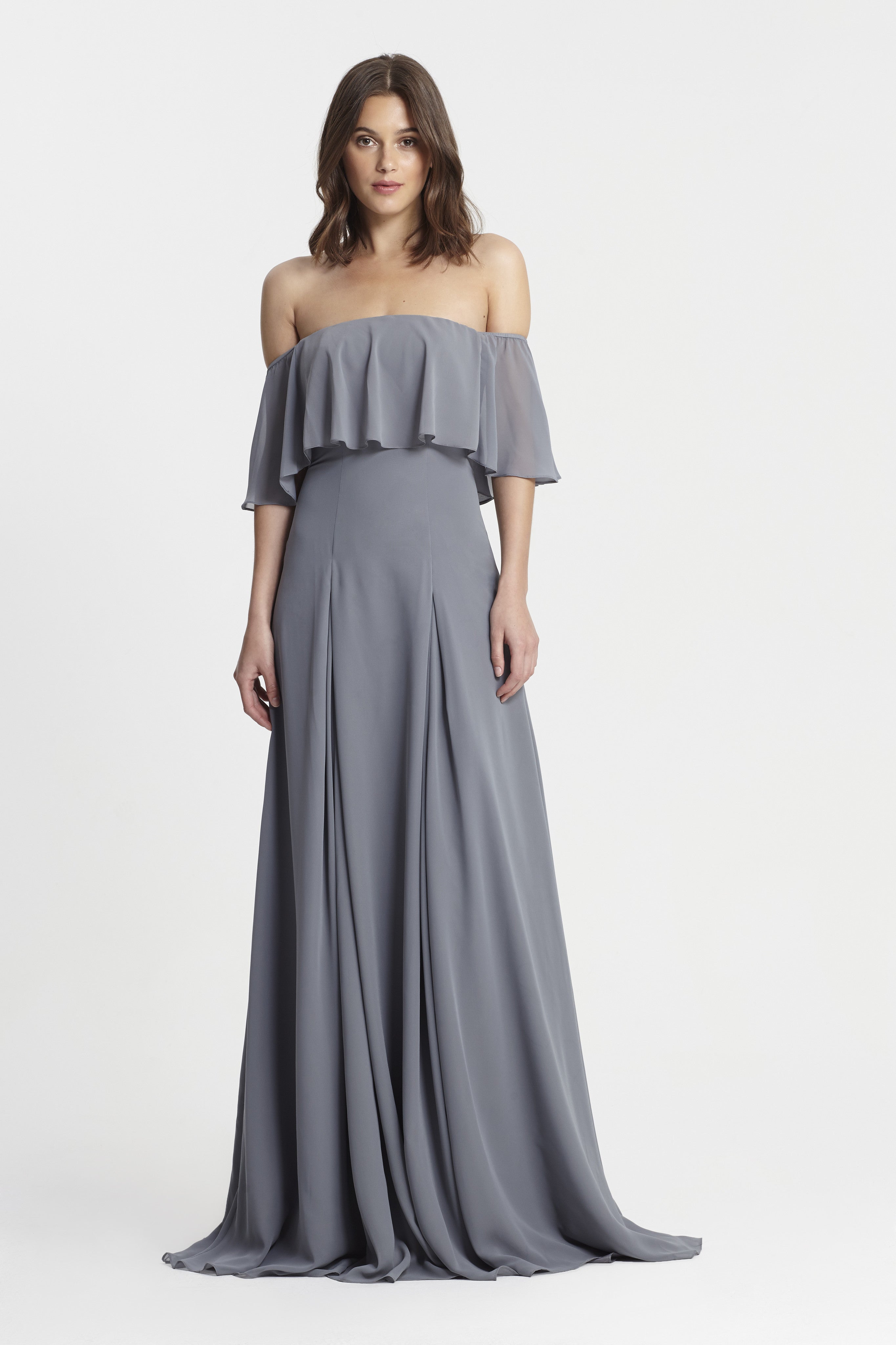 Monique Lhuillier Off-the-Shoulder Chiffon Evening Gown in Steel Gray - Perfect for Weddings, Galas & Formal Events