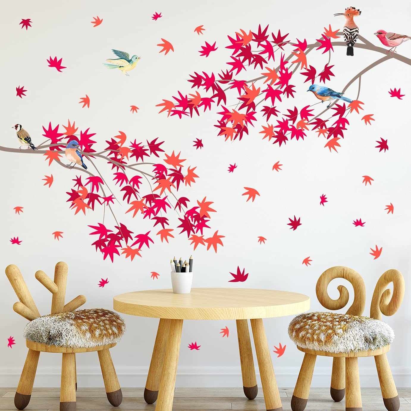 Thanksgiving Maple Leaf Wall Decals - Fall Red Leaves with Birds on Branches, Removable Peel & Stick Vinyl Wall Art for Autumn Home Decor | Perfect for Kids Bedroom, Nursery, and Seasonal Thanksgiving Party Decorations