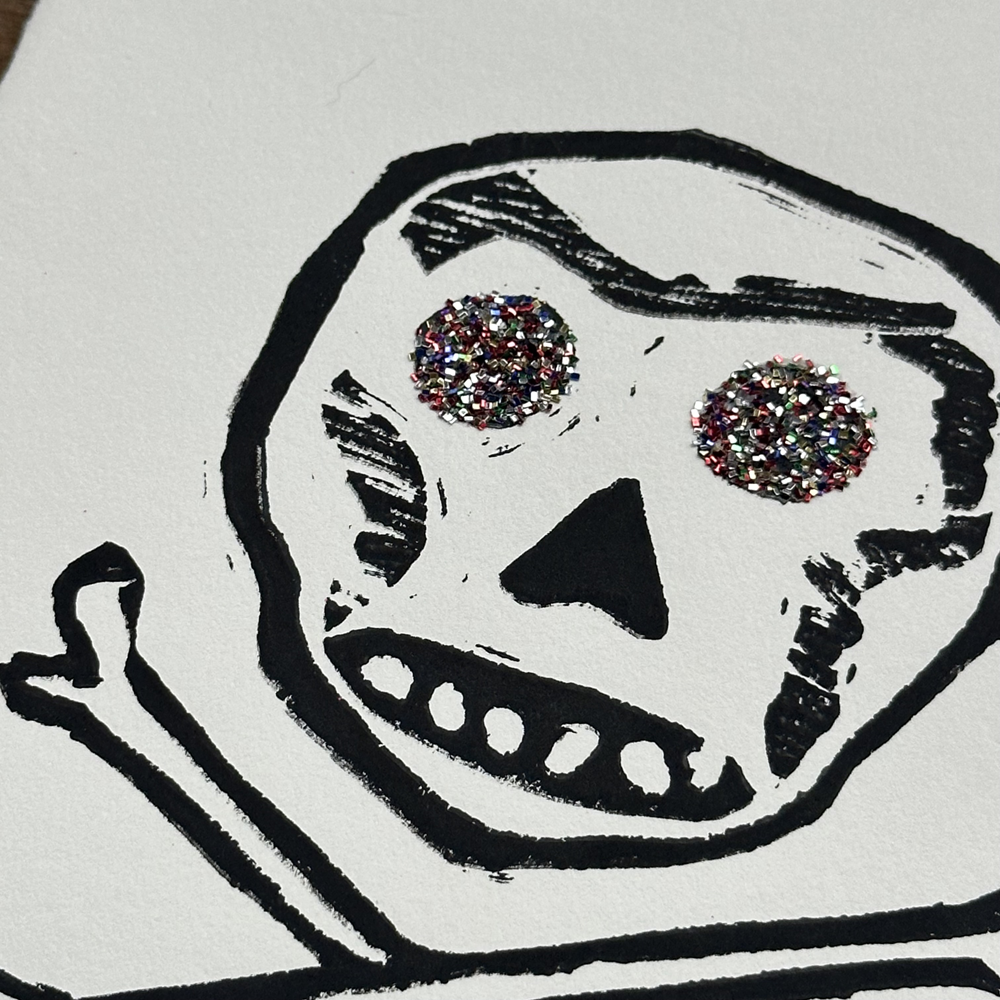 Handmade Block Printed Skull Greeting Card - Unique Gothic Folded Note for Halloween, Day of the Dead, Dark Theme Parties & Alternative Gift Giving