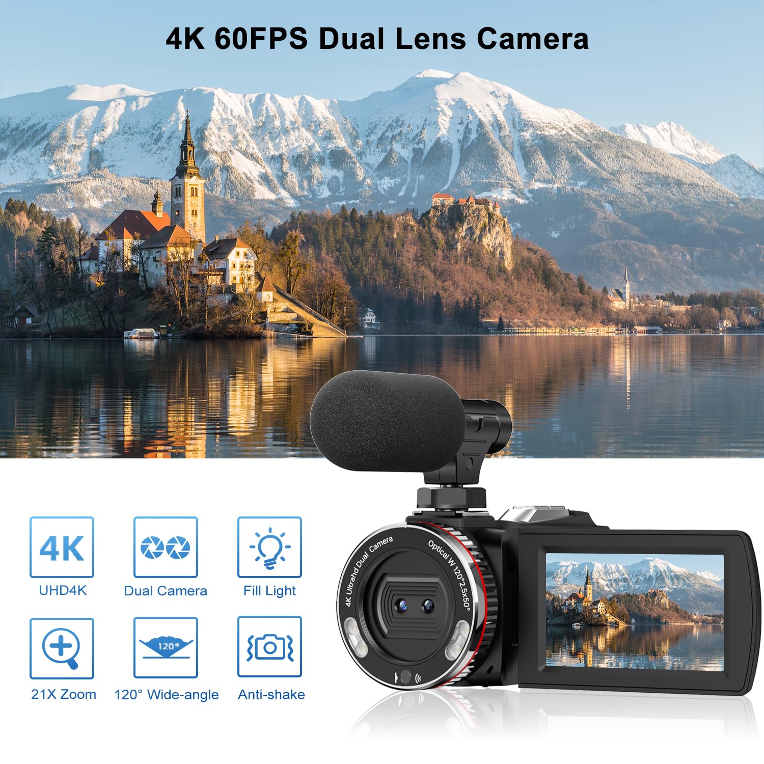 4K 64MP Dual Lens Video Camera with Wireless Mic, 60FPS Ultra HD Camcorder, 3