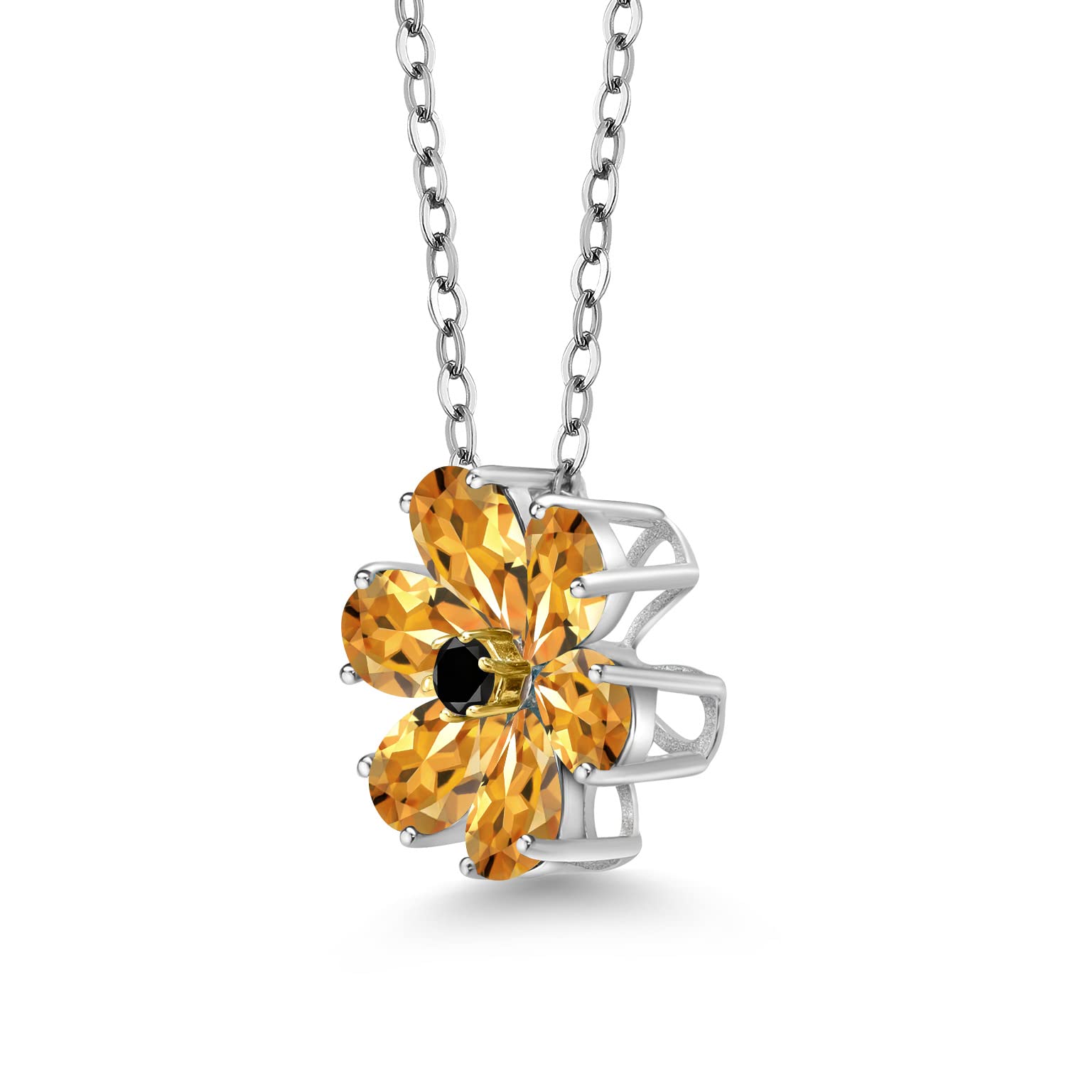2.05 Ct Natural Yellow Citrine & Black Diamond Pear-Shaped Flower Pendant in 925 Sterling Silver & 10K Yellow Gold with Chain | Elegant Jewelry Gift for Women, Perfect for Weddings, Anniversaries & Special Occasions