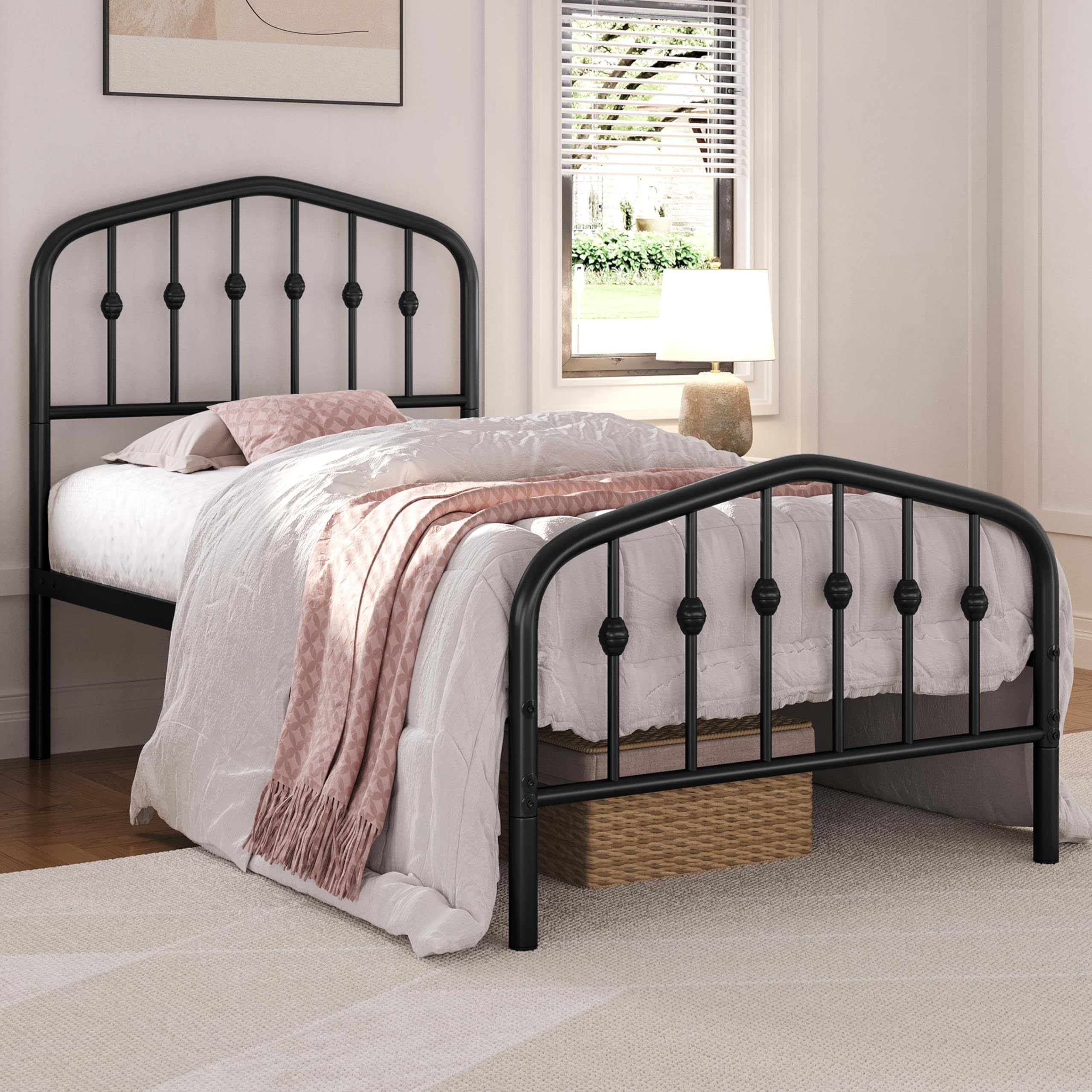 Yaheetech Twin Metal Bed Frame with Victorian Wrought Iron Headboard & Footboard - Easy Assembly, No Box Spring Required, Black Twin Size Bed - Perfect for Guest Rooms, Dorms & Victorian-Style Bedrooms