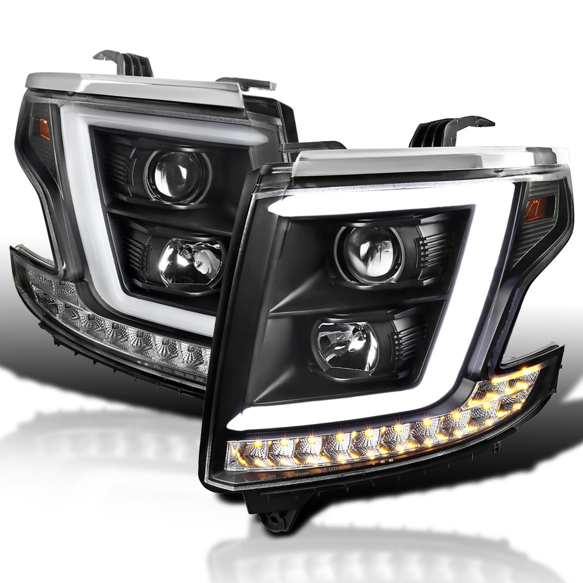 Spec-D Tuning Black LED Light Bar Projector Headlights - Compatible with 2015-2020 Chevy Tahoe & Suburban - Left + Right Pair Headlamps Assembly - Enhanced Night Visibility for Off-Road & Urban Driving