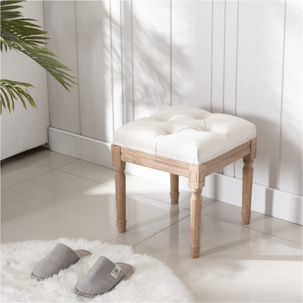 Square Ottoman Bench - Upholstered Fabric Vanity Stool with Padded Seat & Rubber Wood Legs | Perfect for Bedroom, Living Room & Dressing Area | Small Footstool, Storage Ottoman & Decorative Seat