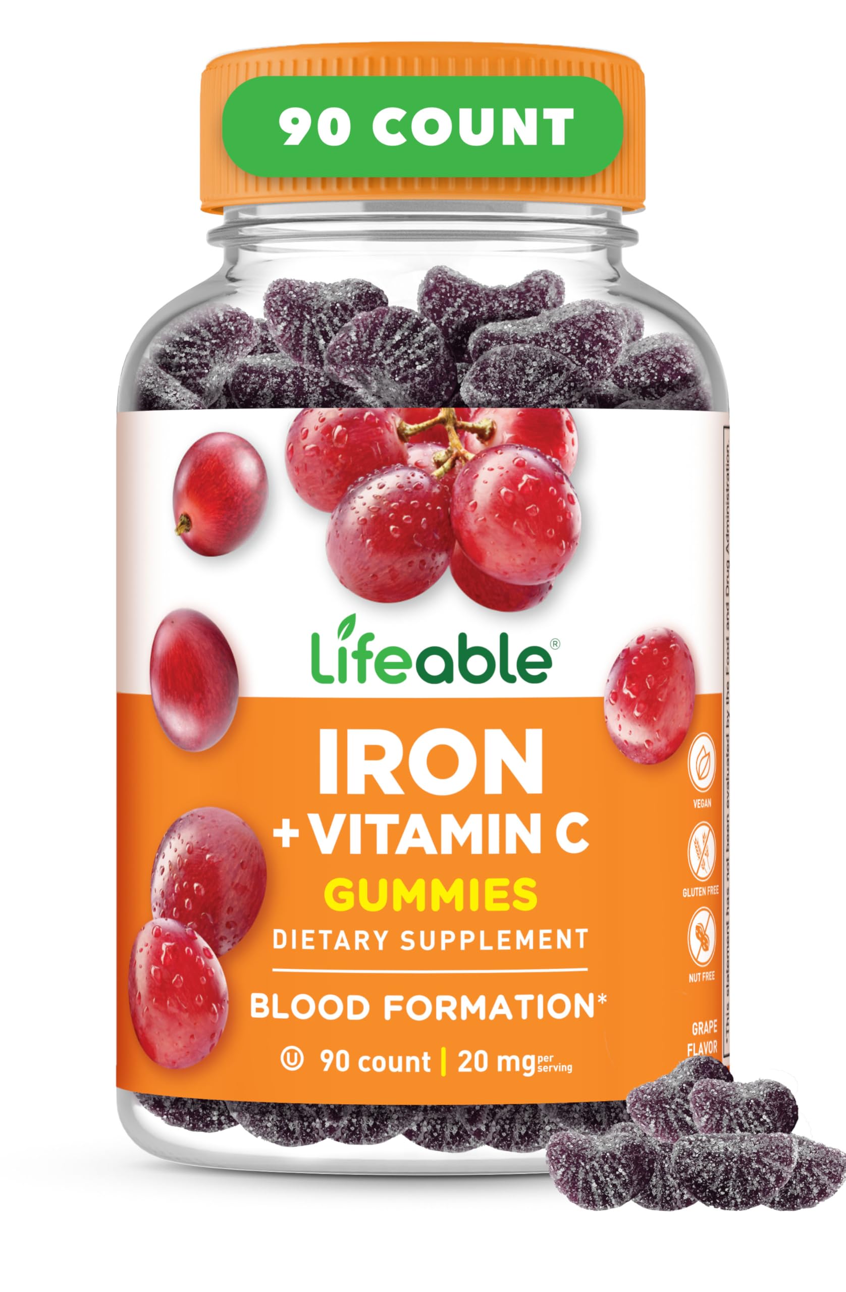 Lifeable Iron Gummies with Vitamin C - 20mg Iron Supplement for Adults & Kids - Great Tasting Blood Builder for Iron Deficiency - 90 Count - Perfect for Energy Boost & Immune Support