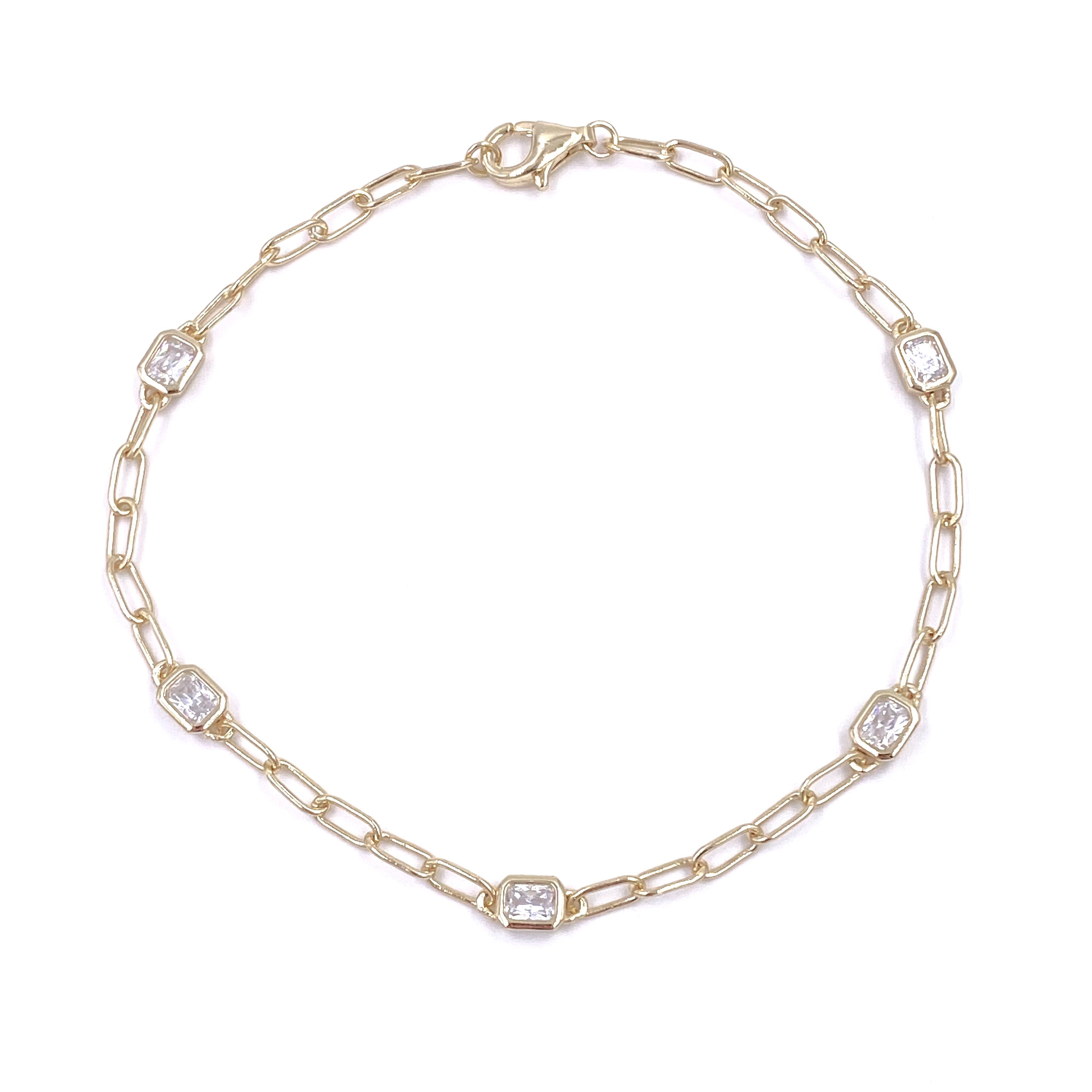 Ashley Gold Sterling Silver 5 CZ Link Chain Bracelet for Women - Elegant Cubic Zirconia Jewelry Gift for Birthday, Anniversary & Special Occasions