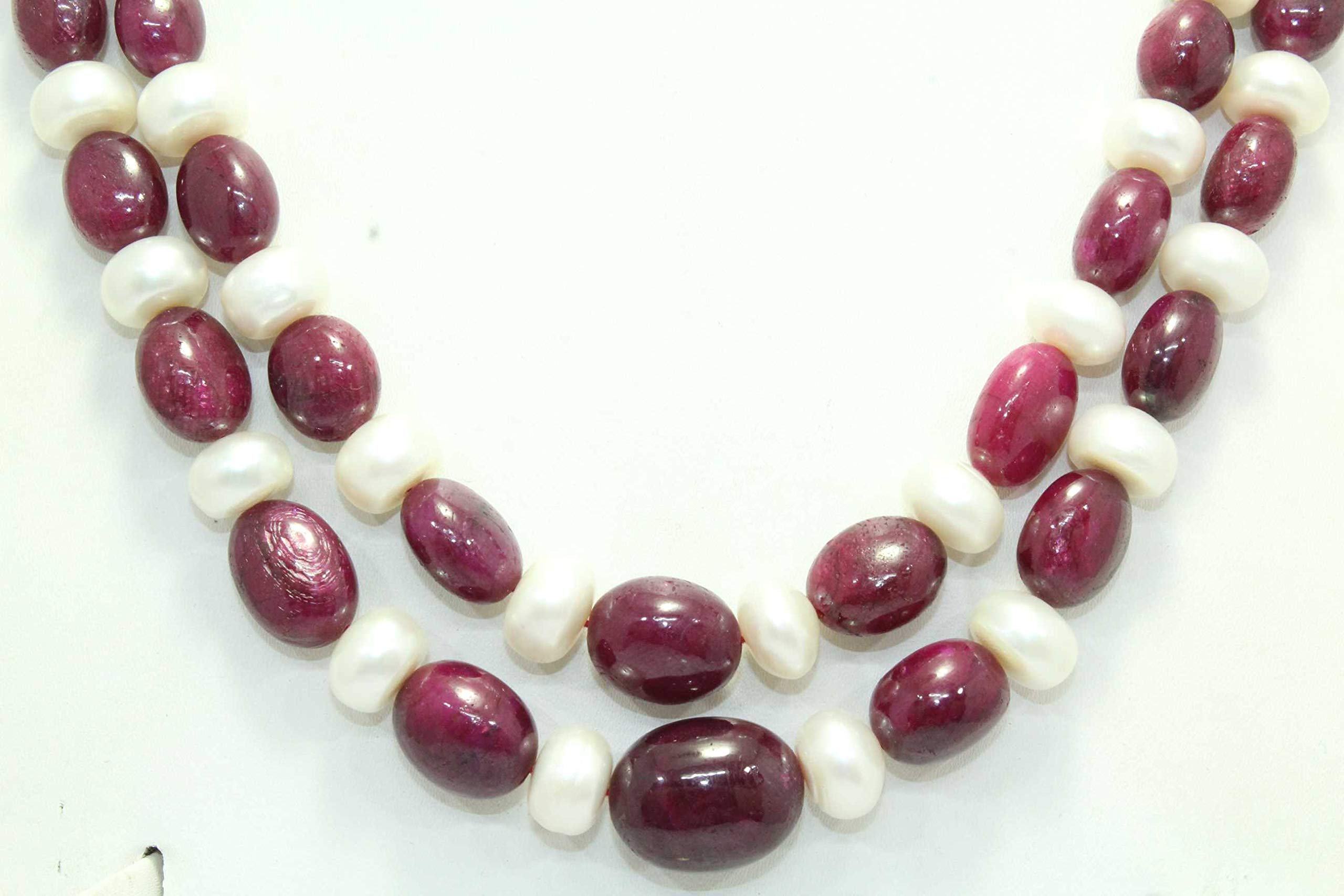 2-Line Red Ruby Beads & White Pearls Necklace Strand - Elegant Jewelry for Weddings, Parties, and Special Occasions