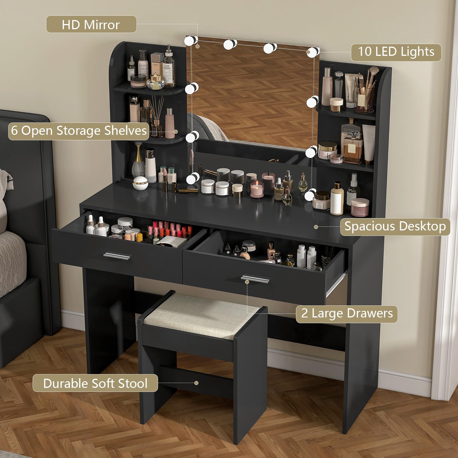 USIKEY Makeup Vanity Desk with LED Mirror & 10 Lights - Dressing Table Set with 2 Drawers, Open Shelves & Cushioned Stool (Black) - Perfect for Bedroom, Bathroom & Beauty Salon Organization
