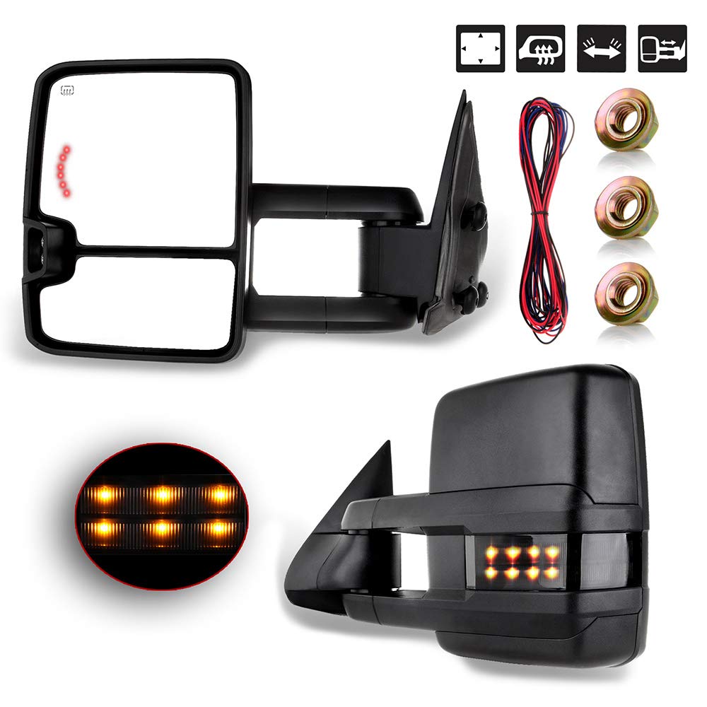 Heated Power-Adjustable Towing Mirrors for 1999-2002 Chevy Silverado & GMC Sierra 1500/2500 - Black Cap Housing with LED Turn Signal (Left & Right Pair) - Perfect for Towing Trailers, Campers & Heavy Loads