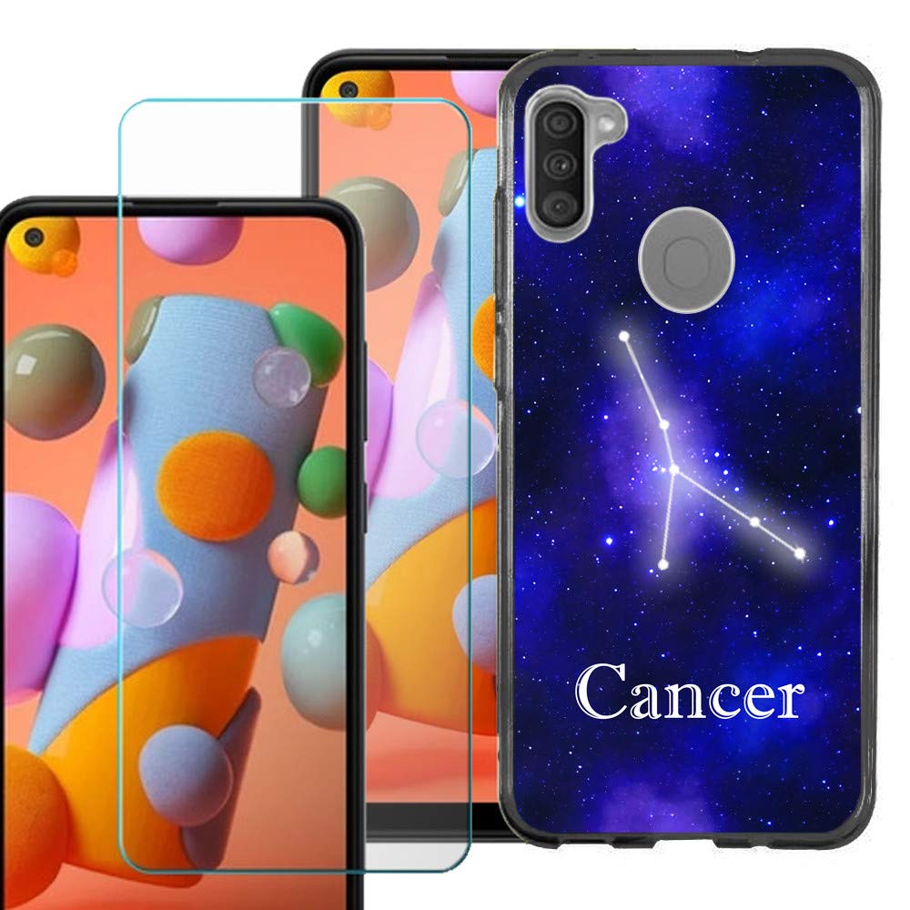 OneToughShield Slim-Fit TPU Protective Case for Samsung Galaxy A11 - Black | Includes Tempered Glass Screen Protector | Zodiac Cancer Design | Durable & Scratch-Resistant for Everyday Use