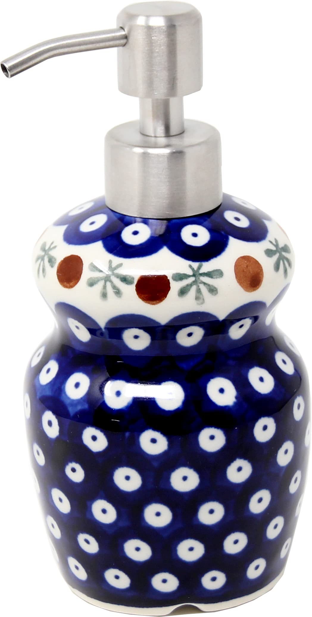 Boleslawiec Polish Pottery 11oz Handmade Soap Dispenser with Stainless Steel Pump - Refillable Lotion Bottle - Nature Design Ceramic Soap Pump for Bathroom, Kitchen & Home Decor