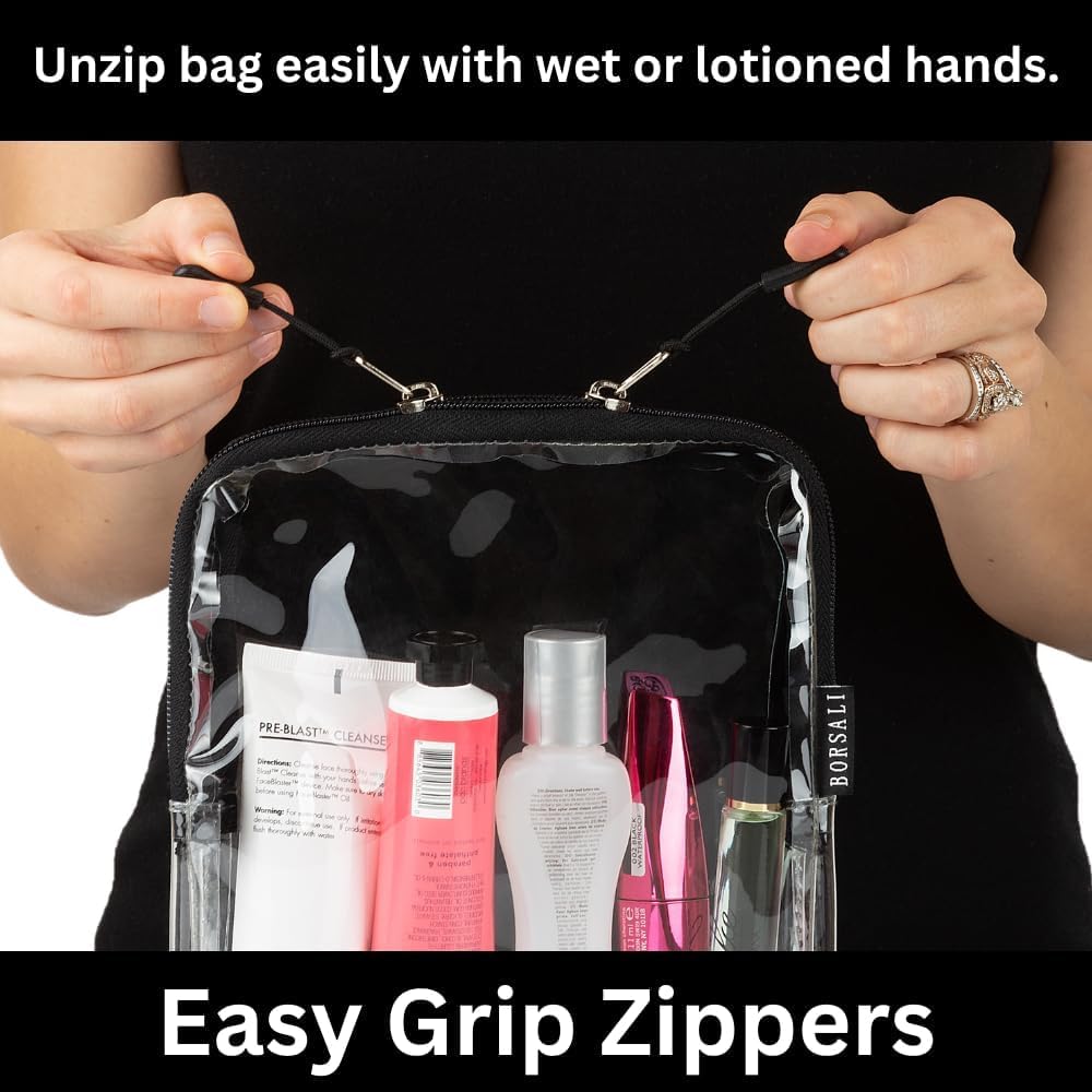 BORSALI TSA Approved Quart Size Clear Toiletry Bag for Air Travel - 1 Quart Capacity Cosmetic & 3-1-1 Liquids Organizer with Handle (Black) - Perfect for Carry-On Luggage & Airport Security Compliance