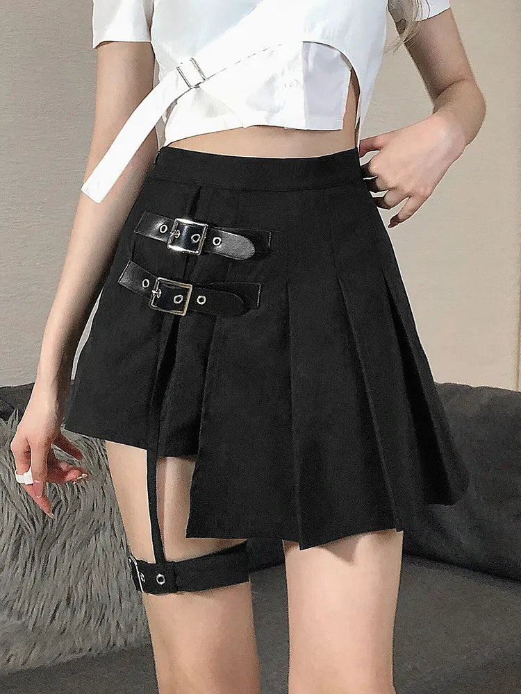 Punk Style Black Pleated Asymmetrical Skirt for Women | High Waist Buckle Detail | Gothic Mini Skirt for Summer | Perfect for Parties, Concerts & Night Out