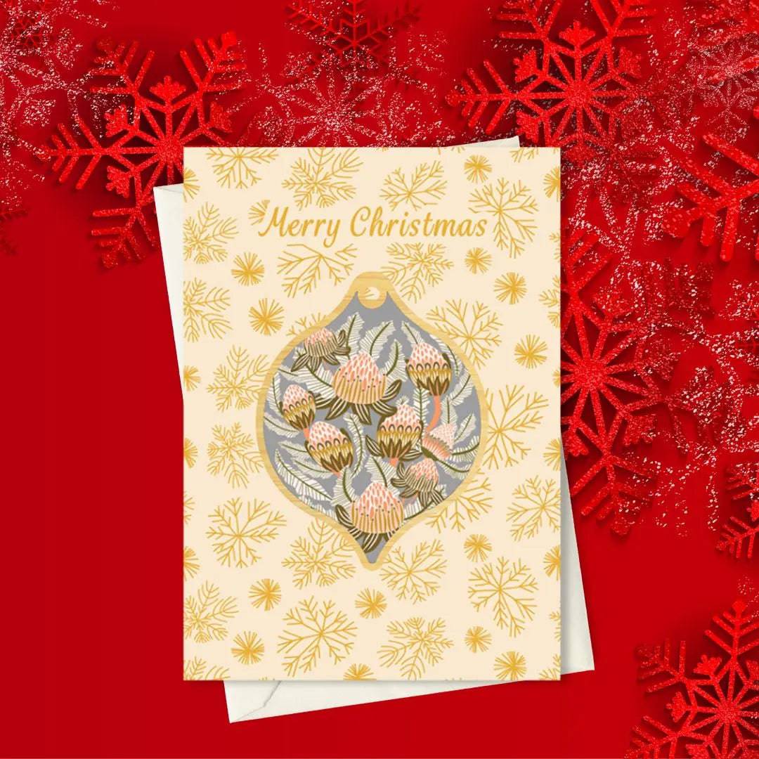 Bush Proteas Australian Christmas Card & Ornament Set - Perfect for Holiday Greetings and Festive Tree Decorations