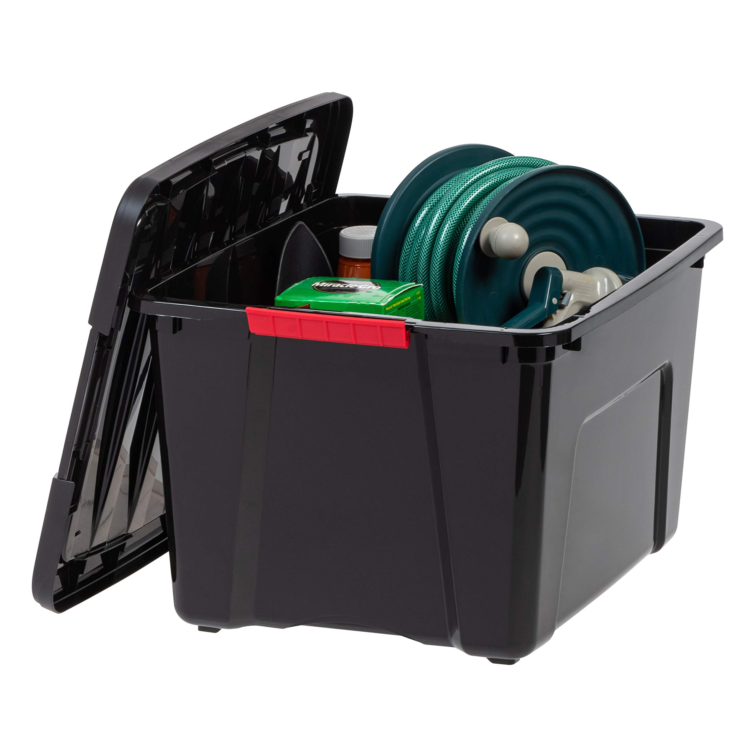 IRIS USA 40 Qt Stackable Plastic Storage Bins with Lids, 6 Pack - BPA-Free, Made in USA - Durable Nestable Containers for Garage Organization, Home Storage & Closet Organization - Secure Pull Handle & Latches - Black