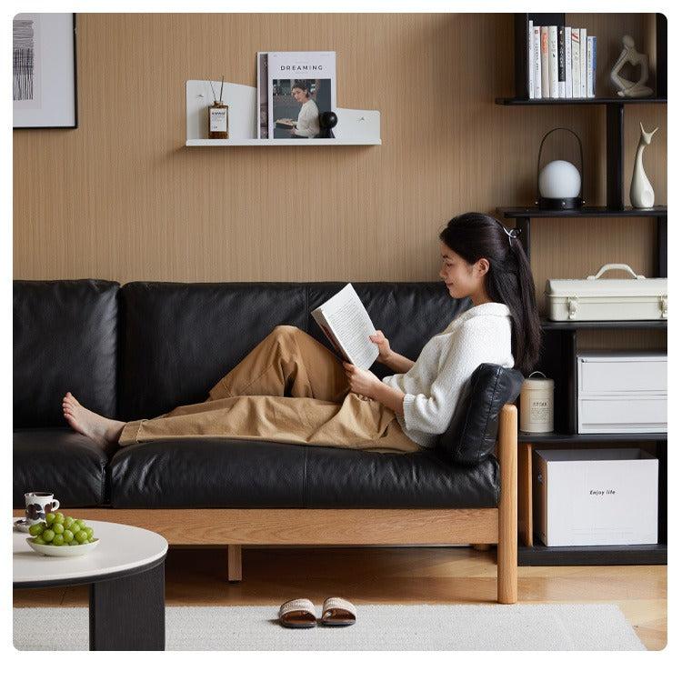 Premium Oak Solid Wood Modern Leather Sofa - Luxury Comfort for Living Room, Office & Lounge Areas