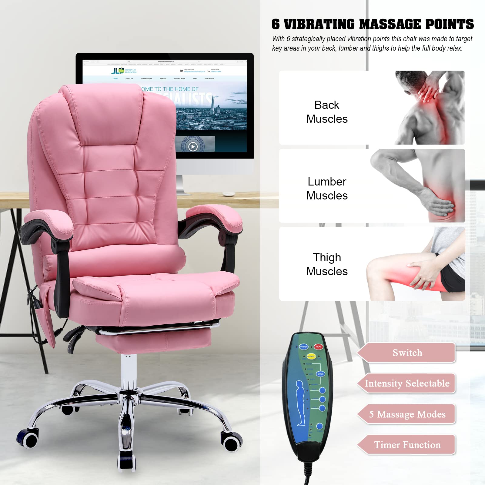 Ergonomic Reclining Office Chair with Massage & Heat - PU Leather Executive Computer Chair with Footrest, Padded Armrest & High Back Support - Swivel Recliner for Home Office, Study & Gaming (Pink) - Perfect for Long Work Hours, Relaxation & Productivity