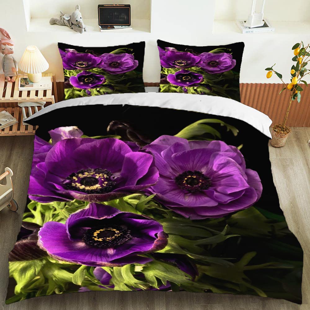 Purple Flower Duvet Cover Set Queen Size - 3 Piece Microfiber Comforter Set with 2 Pillow Shams for Teens Bedroom Decor (90x90 Inches) - Soft Luxury Bedding for Girls Room, Dorm & Guest Room