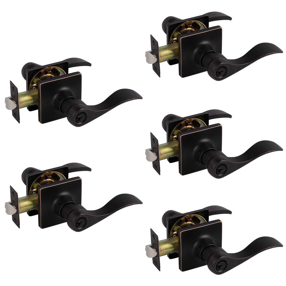 Knobelite Keyed Alike Exterior Door Levers 5-Pack - Secure Bronze Wave Door Handles for Front Entrance Doors (Right/Left Handed Reversible) - Perfect for Home, Office & Apartment Security