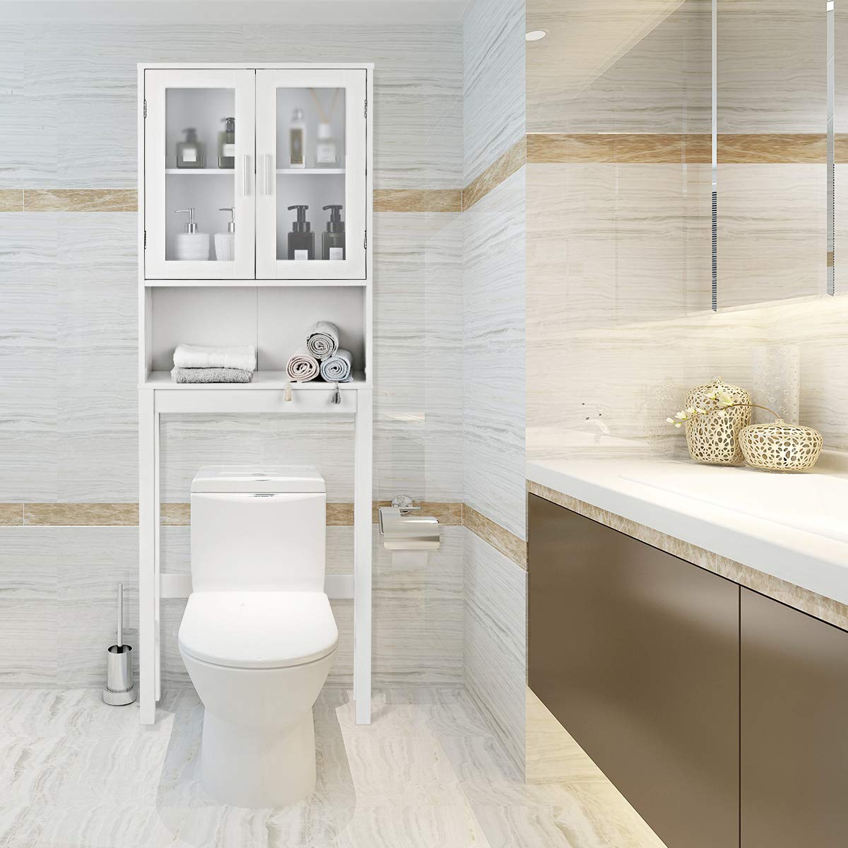 Wooden Over The Toilet Storage Cabinet - Double Door Bathroom Organizer with Adjustable Shelf, Freestanding Space Saver for Bath Essentials - Perfect for Small Bathrooms, Apartments & Powder Rooms
