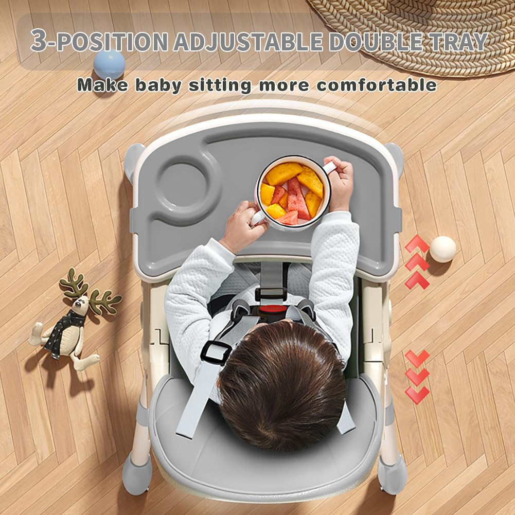5-in-1 Foldable Baby High Chair with Adjustable Height & Recline - Portable Toddler Feeding Seat with Removable Tray, PU Cushion & Locking Wheels - Perfect for Home, Travel & Restaurant Use
