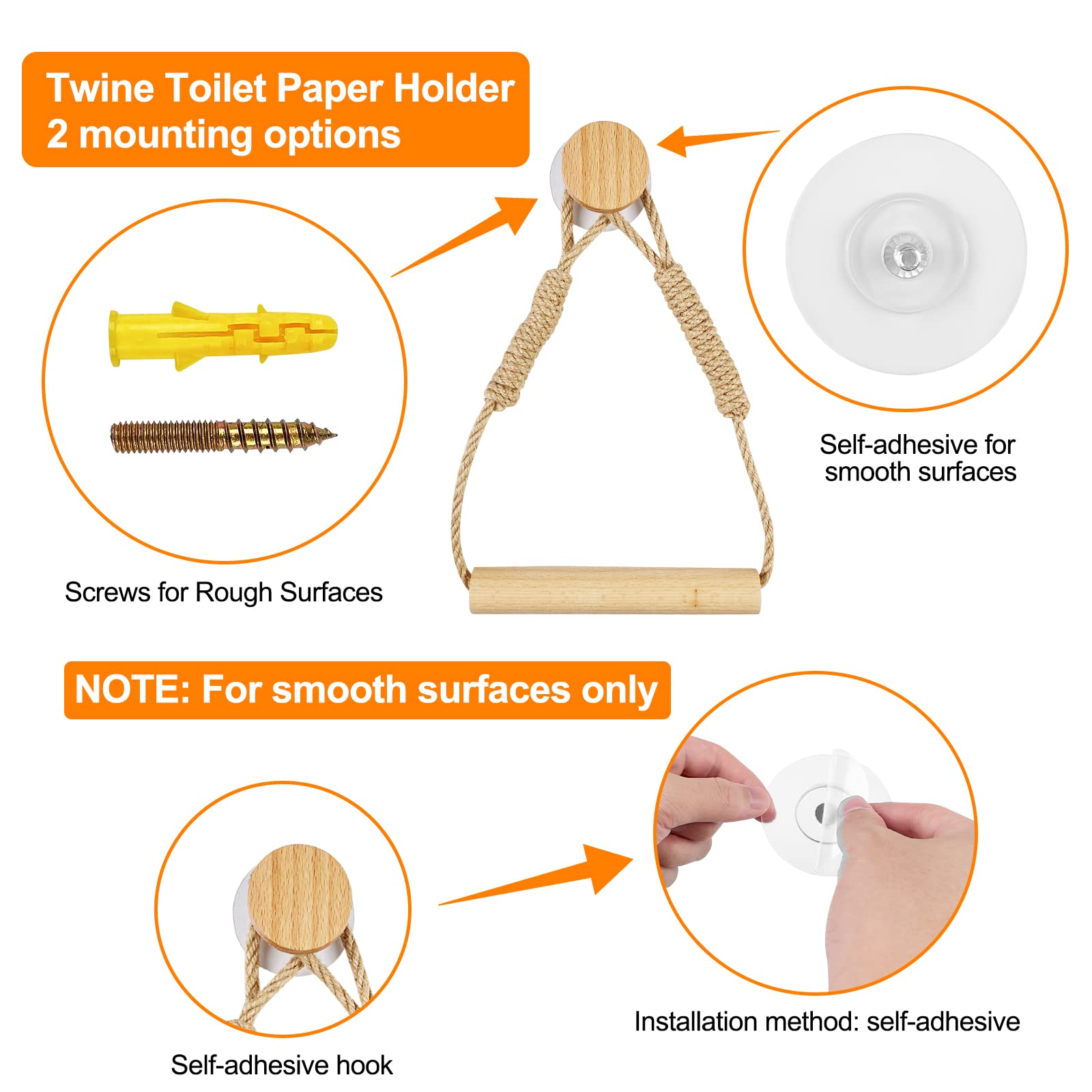 2-Pack Vintage Rope Toilet Paper Holder - No Drill Self-Adhesive Bathroom Tissue Roll & Towel Holder - Perfect for Small Bathrooms, RVs, and Apartments