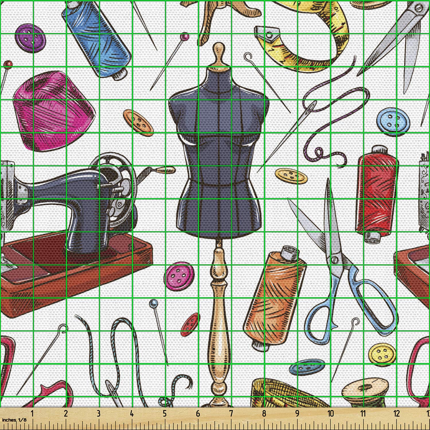 Lunarable Cartoon Sewing Machine & Tape Measure Pattern Fabric by The Yard - 10 Yards Purple Blue Pink Decorative Upholstery Fabric for DIY Home Decor, Curtains, Pillows & Craft Projects