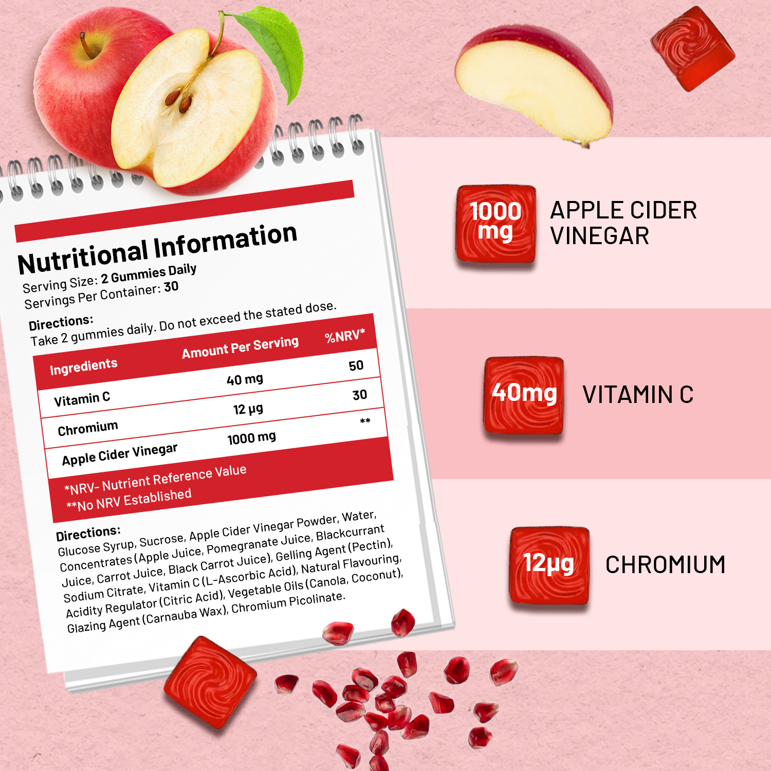 Organic Vegan Apple Cider Vinegar Gummies 1000mg with Vitamin C & Chromium - Natural ACV Supplement for Weight Loss, Digestion & Immunity - Non-GMO, Gluten-Free, Gelatin-Free Snacks - Great for Daily Wellness & Detox Routines