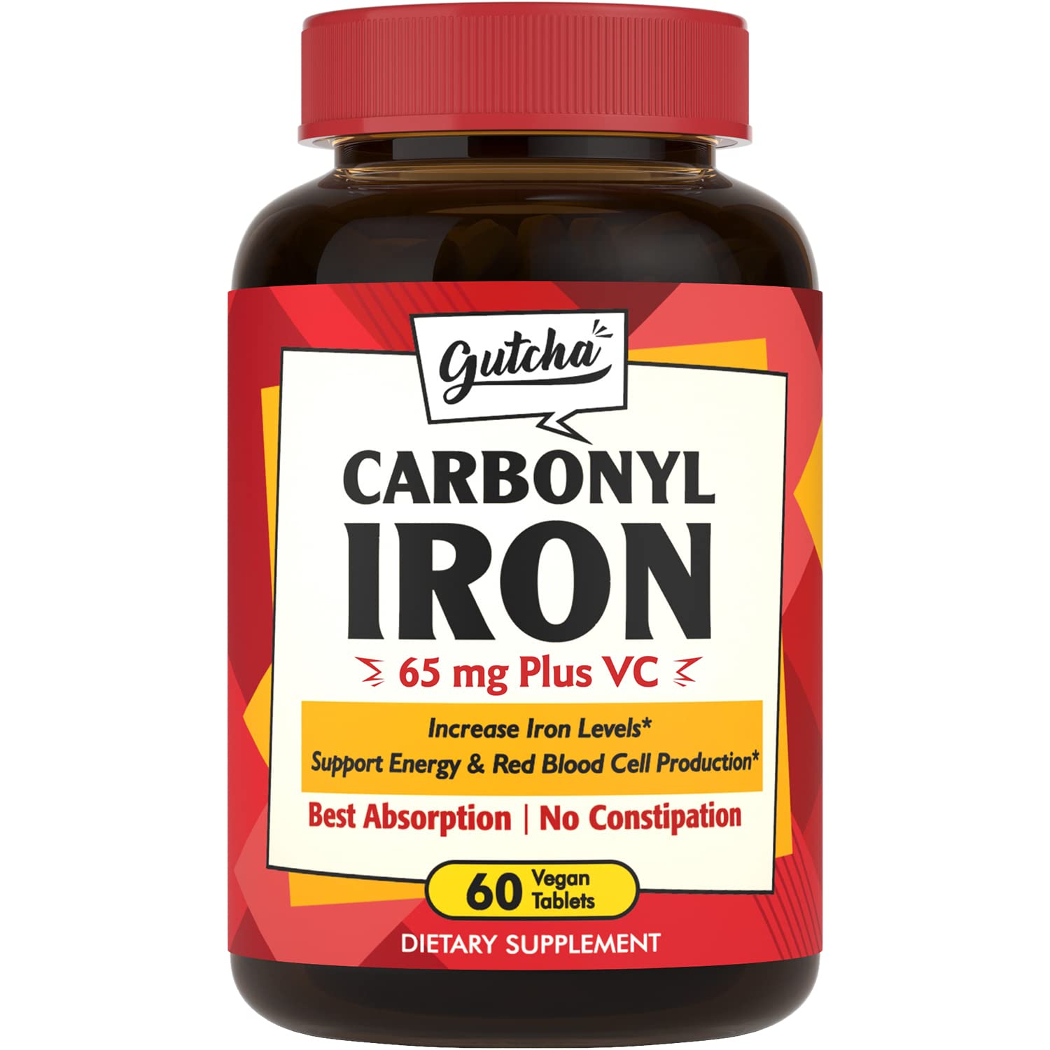 65mg Carbonyl Iron Supplement with Vitamin C for Energy & Blood Support - Gentle on Stomach, No Nausea or Constipation - Vegan, Non-GMO (60 Count) - Ideal for Active Adults, Athletes & Vegetarians