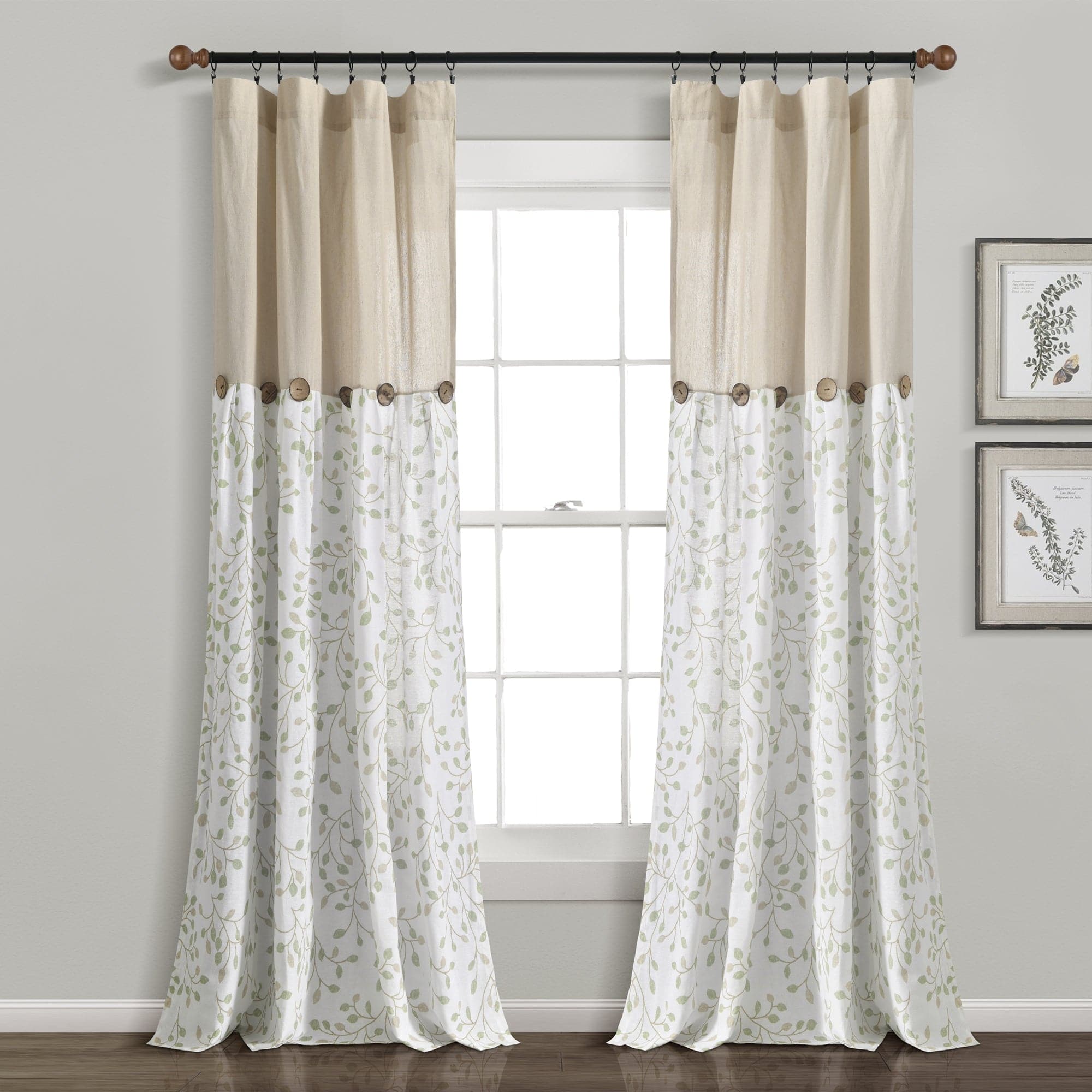 Linen Botanical Garden Window Curtain Panel with Button Details - Elegant Floral Design for Living Room, Bedroom & Home Decor
