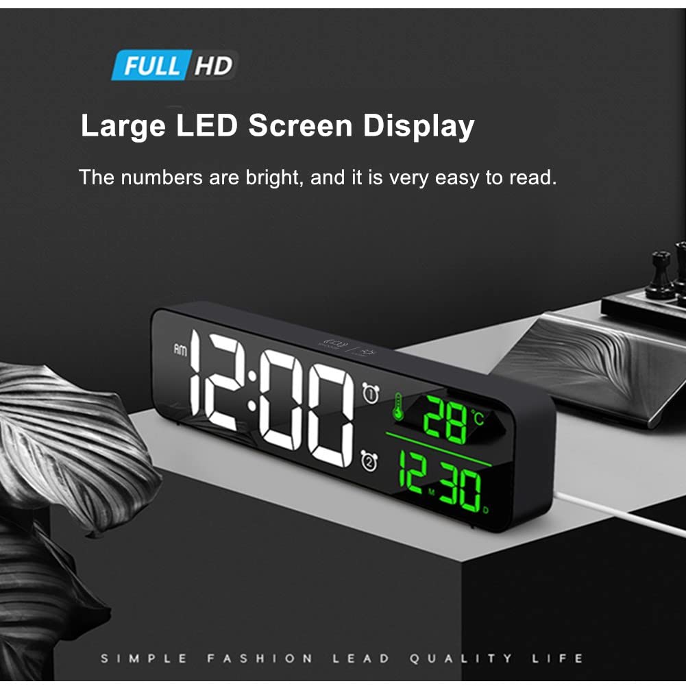 Digital Large Display Alarm Clock with LED Date & Temperature - Auto Brightness Dimmer for Bedroom, Office, Living Room Decor | Modern Smart Desk Clock Accessories (Black) - Perfect for Nightstands, Workstations & Home Décor