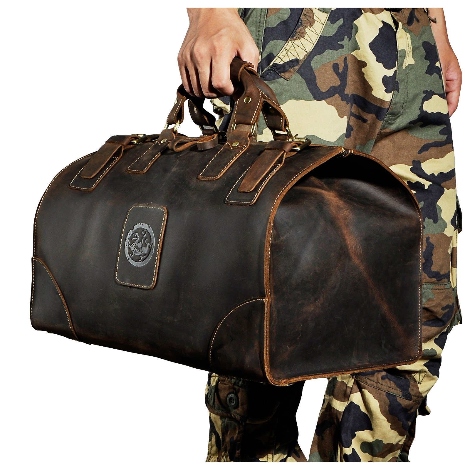 **Le'aokuu Men's Genuine Leather Carry-On Travel Duffle Bag - Gym & Weekend Tote for Business Trips & Workouts (Dark Brown, No Shoulder Strap) - Perfect for Business Travel, Gym, and Weekend Getaways**