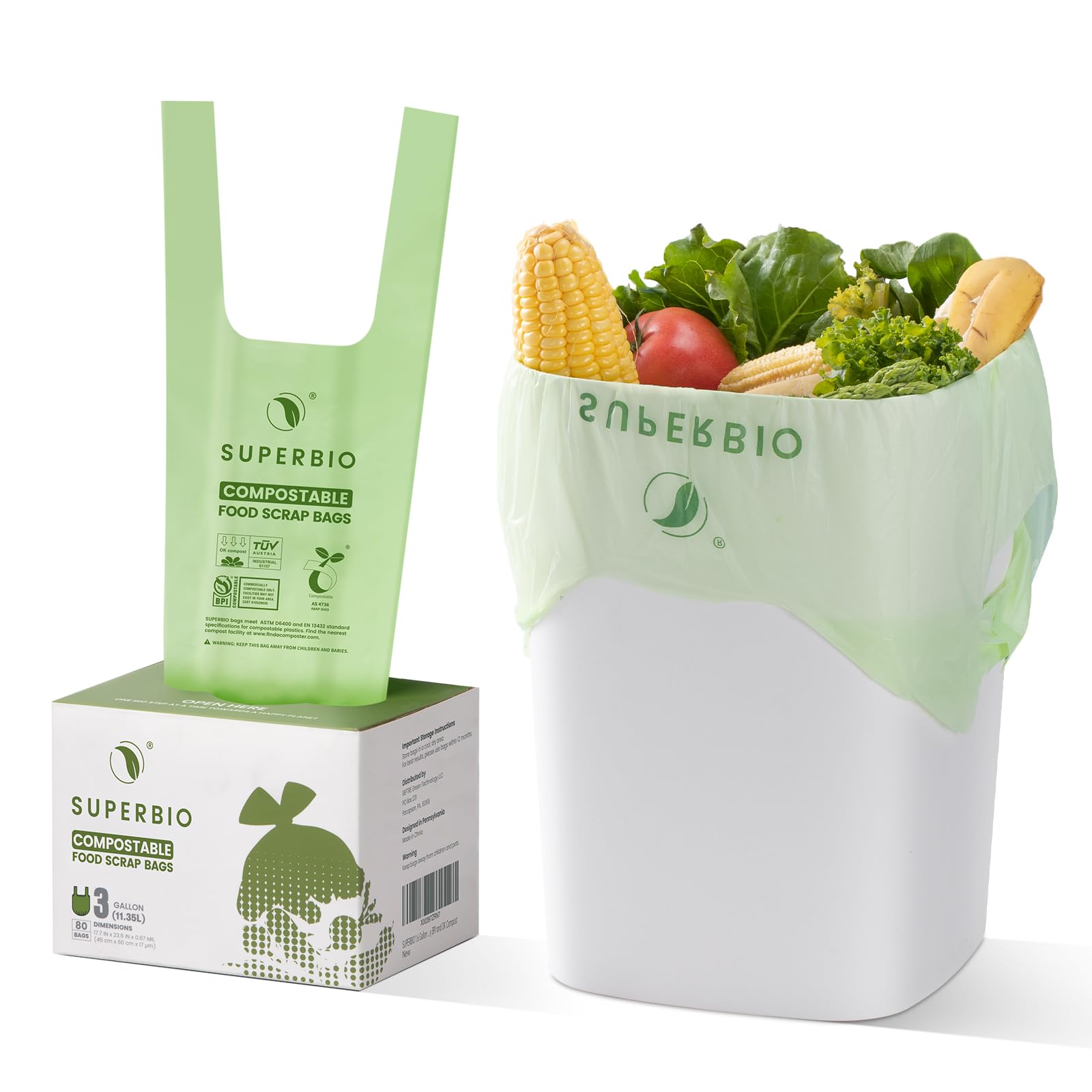 SUPERBIO 3 Gallon Compostable Food Waste Bags - 80 Count with Handles | ASTM D6400 Certified, BPI & OK Compost INDUSTRIAL Approved | Perfect for Kitchen Compost Bins, Organic Waste Collection & Eco-Friendly Disposal