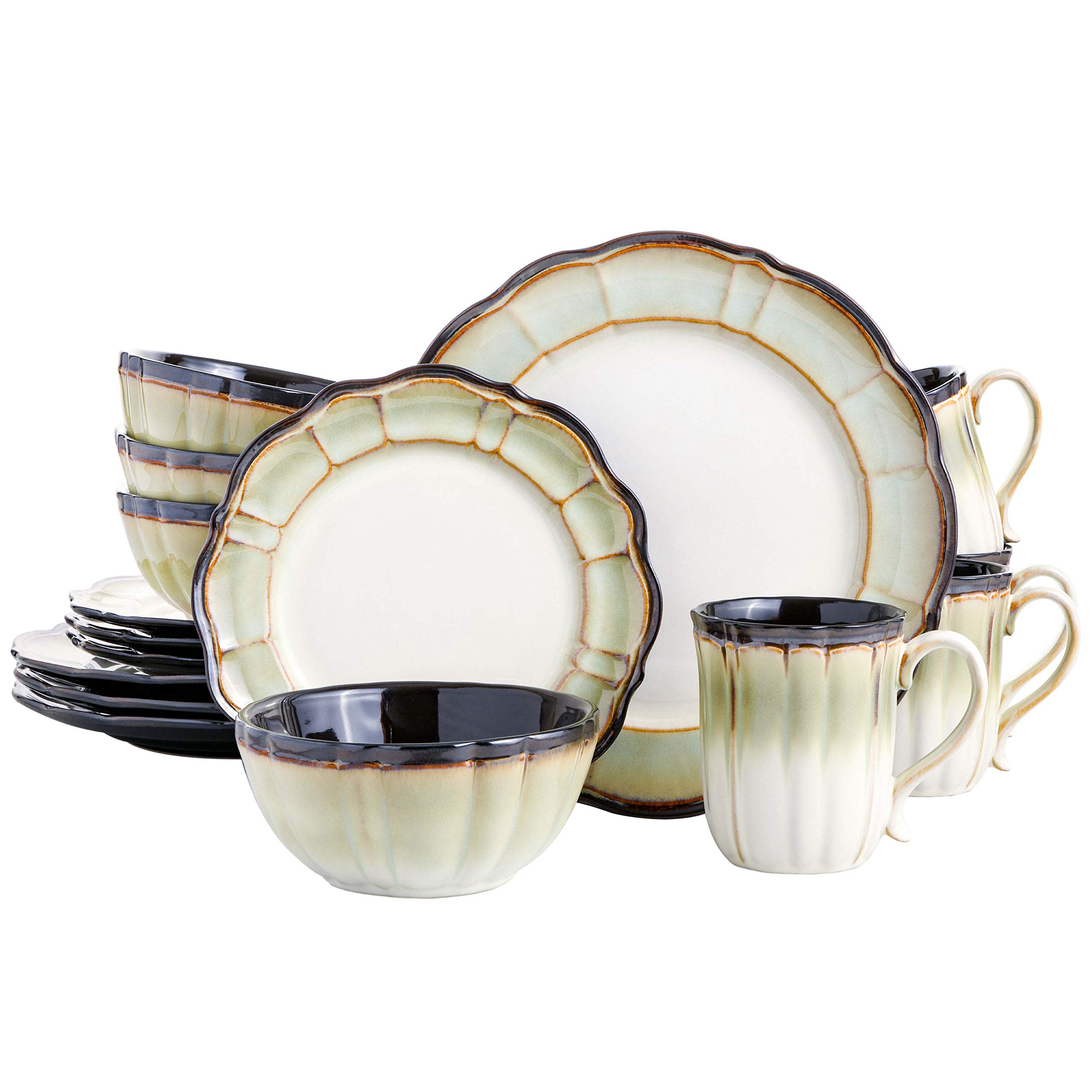 Premium Gibson Elite Althea Reactive Dinnerware Set - 16-Piece Green & Cream Porcelain Tableware for 4 | Elegant Dinner Plates, Bowls & Mugs | Perfect for Family Meals, Dinner Parties & Restaurant-Style Dining