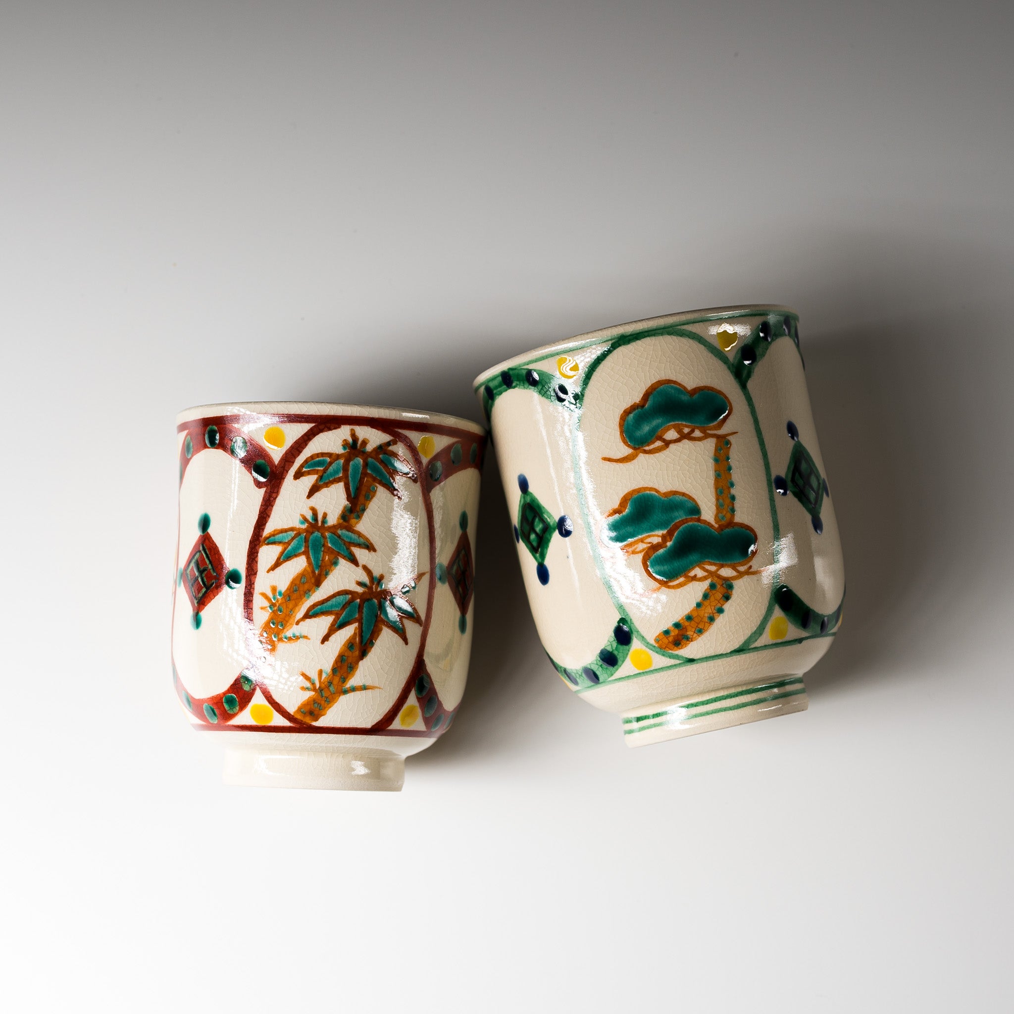 Handmade Kyoto Kiyomizu Ware Pair Cup - Shochikubai Japanese Ceramic Tea Set for Matcha, Sake, or Traditional Tea Ceremony