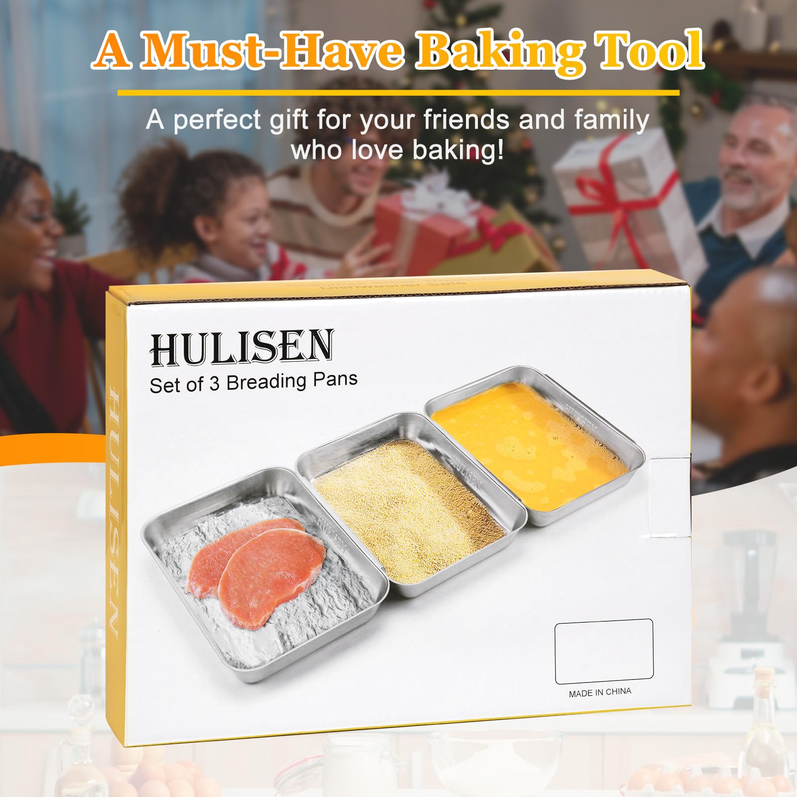 HULISEN 3-Piece Stainless Steel Breading Pans Set for Marinating Meat, Chicken, Fish - Food Prep & Coating Trays, Oven Safe for Baking Cakes - Perfect for Kitchen, Restaurant & Home Cooking