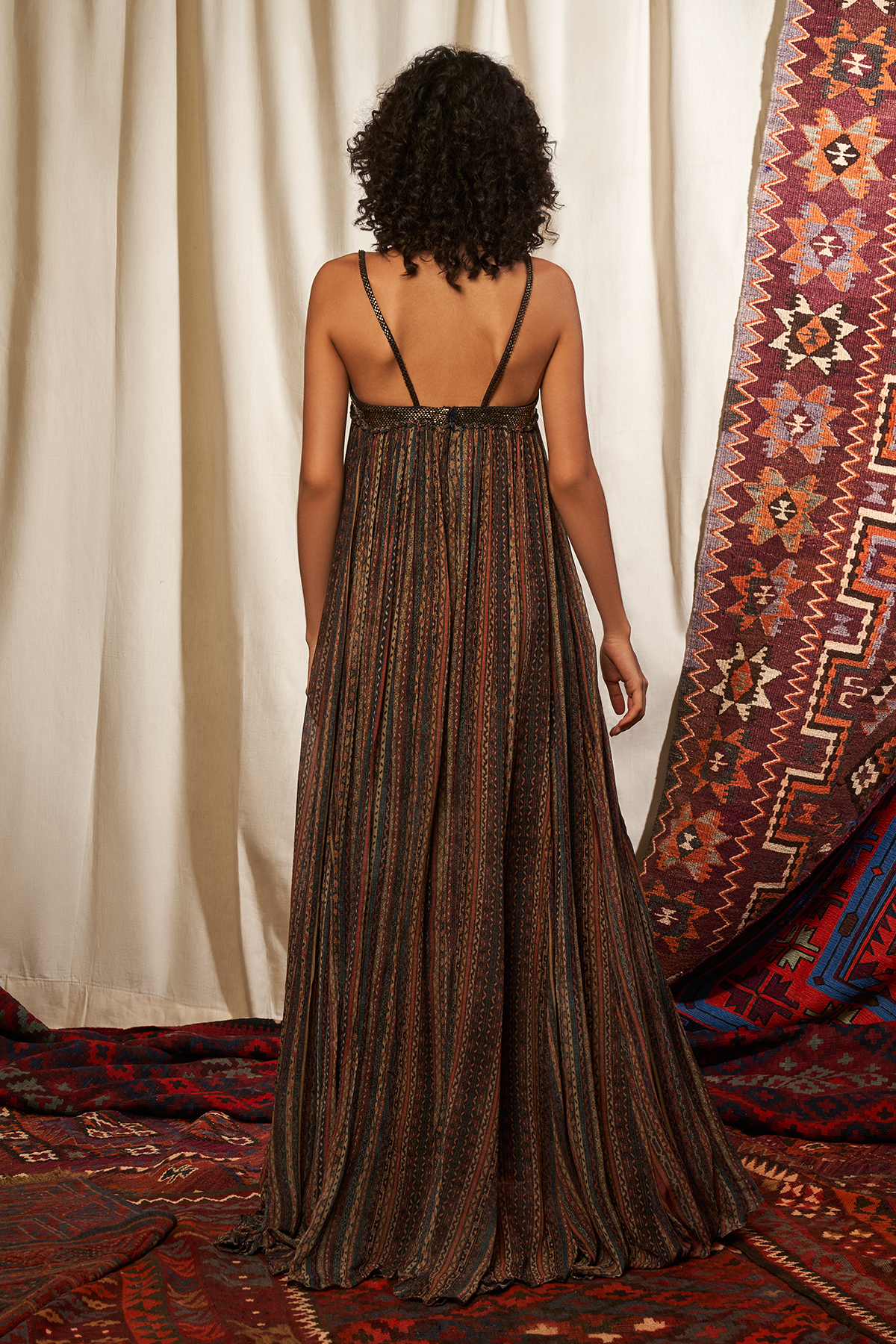 Elegant Stripes Print Maxi Dress with Baroque Embroidery - Perfect for Summer Beach Vacations, Weddings & Boho Chic Outfits