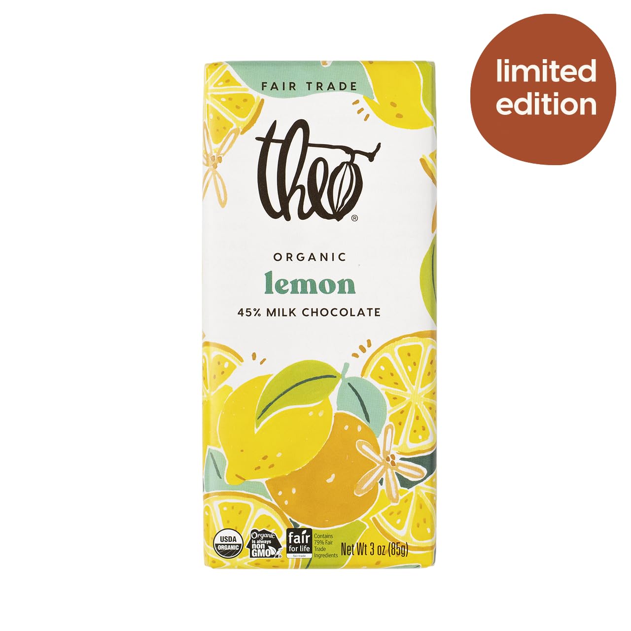 Organic Lemon Milk Chocolate Bar 45% Cacao - Theo Chocolate Spring Limited Edition 6 Pack | Fair Trade Certified | Soy-Free | Perfect for Easter Gifts, Spring Celebrations & Chocolate Lovers