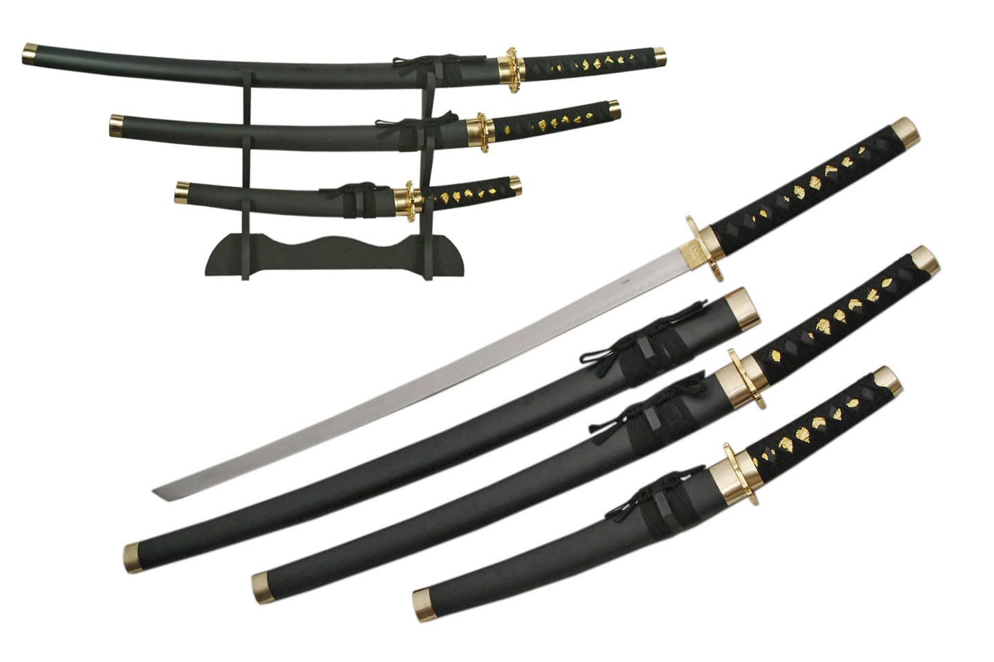 SZCO Supplies Black Samurai Sword Set - Authentic Japanese Katana with Display Stand - Perfect for Cosplay, Martial Arts Training, and Home Decor