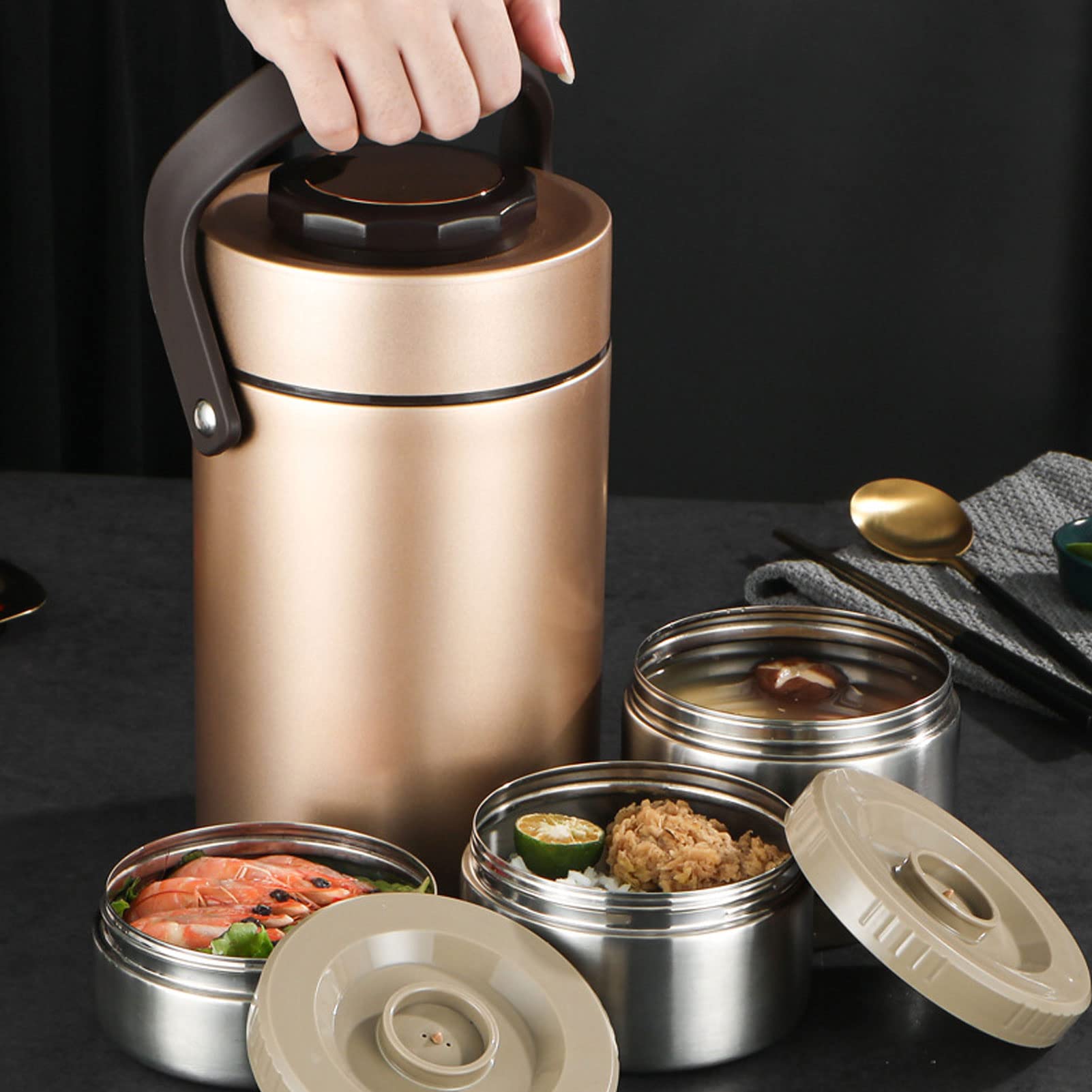Yosoo 2000ml Wide Mouth Insulated Thermos Lunch Box - 3-Layer Stackable Leak Proof Food Container for Hot & Cold Meals - Reusable Soup Jar for Office, Travel, Picnic, Camping & Outdoor Activities (Gold)