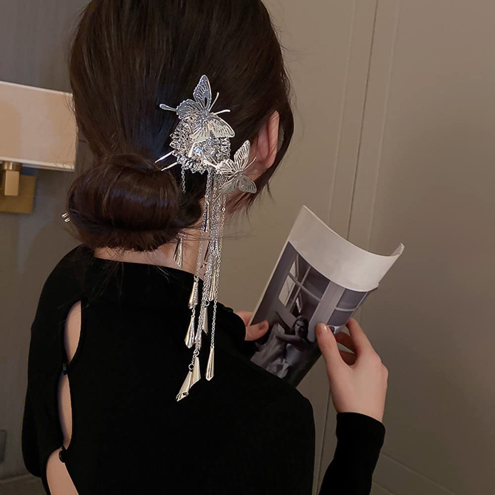 Butterfly Hair Stick with Silver Tassel - Chinese Hairpin for Women & Girls - Wedding & Party Accessory