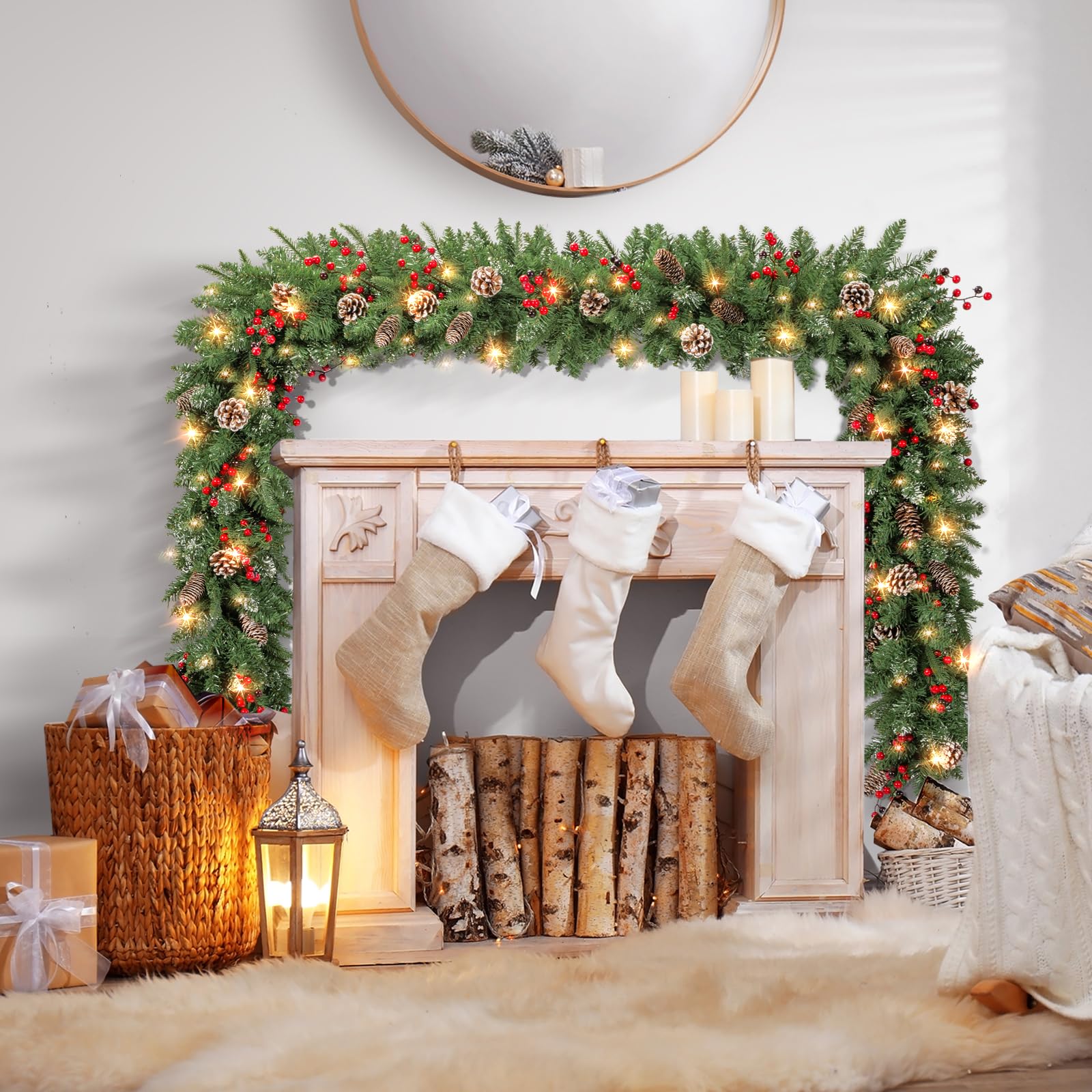 9 ft Prelit Christmas Garland with 100 LED Lights - Battery Operated Timer & 8 Lighting Modes - Faux Pine Garland with Natural Cones & Berries - Perfect for Mantle, Stairs, Fireplace, Holiday Home Decor