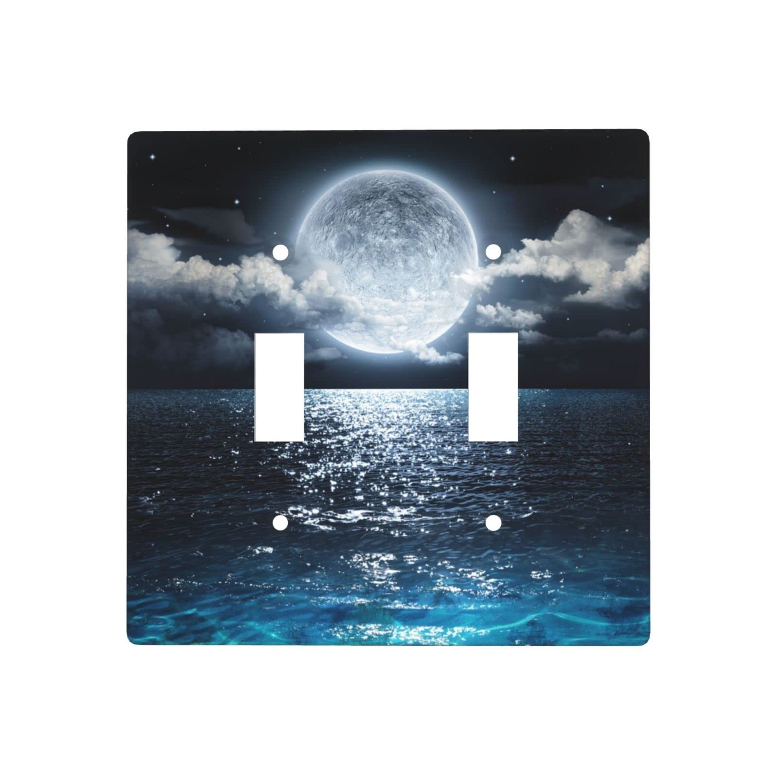 Moon & Sea Ocean Themed Light Switch Cover - Decorative 2 Gang Wall Plate for Double Toggle Switch - Standard Size Faceplate for Home & Office Decor - Perfect for Beach House, Coastal Decor & Nautical Theme Rooms