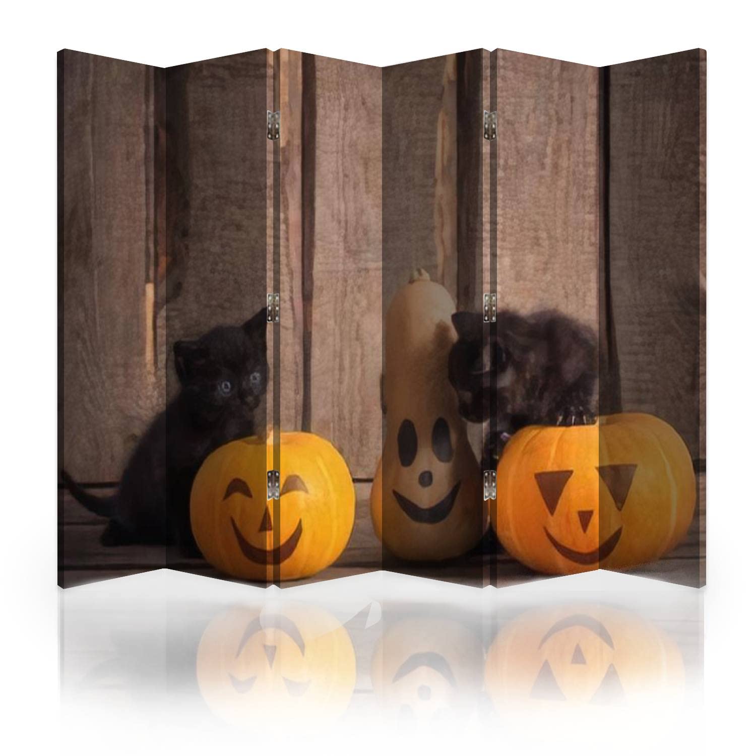 Black Canvas Room Divider Screen with Halloween Cat & Pumpkin Design - 6 Panel Folding Privacy Partition for Bedroom, Office, and Living Room Separation