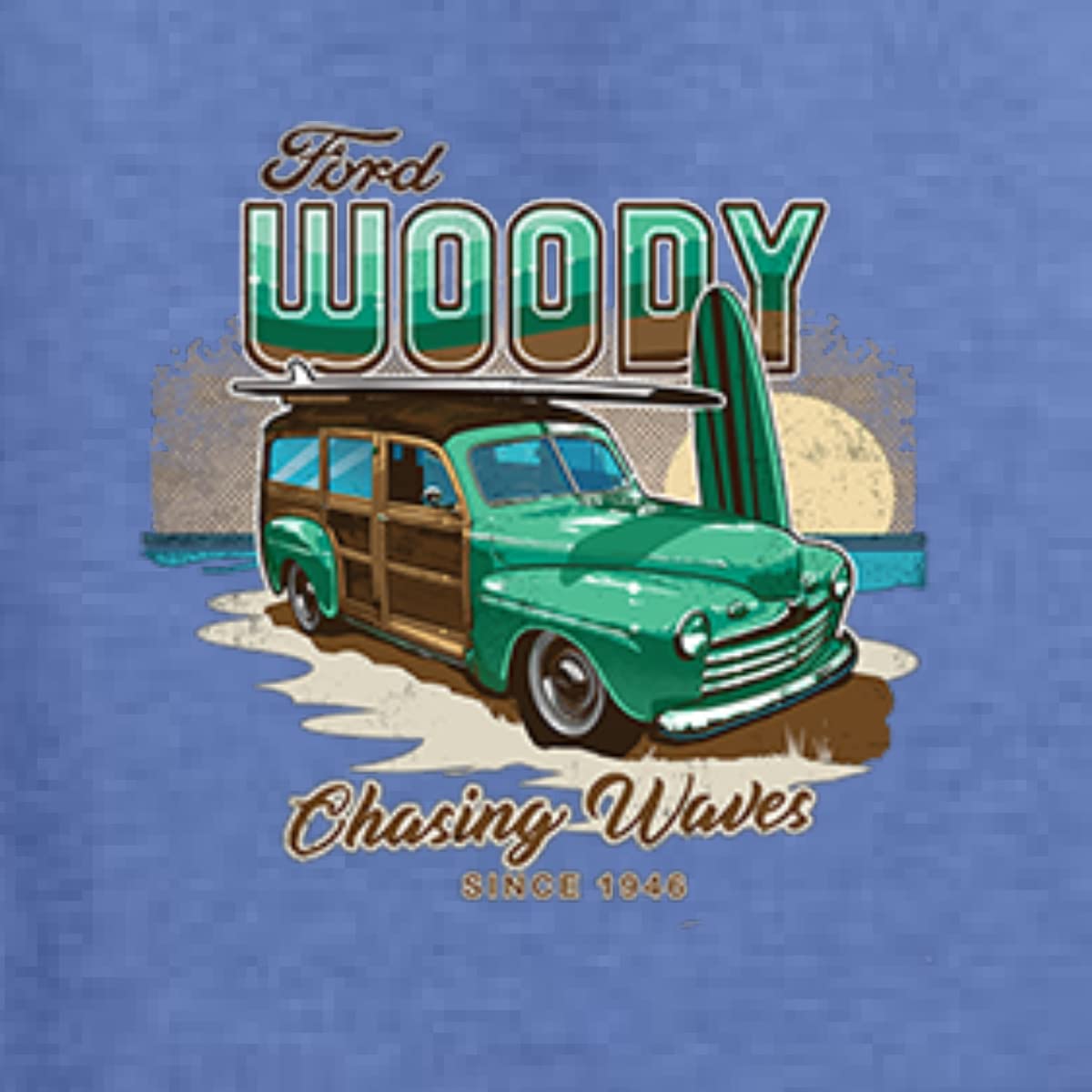 Vintage 1946 Ford Woody Chasing Waves Graphic Sweatshirt - Wild Bobby Retro Cars & Trucks Unisex Crewneck (Perfect for Beach Outings, Car Enthusiast Gifts & Casual Wear)