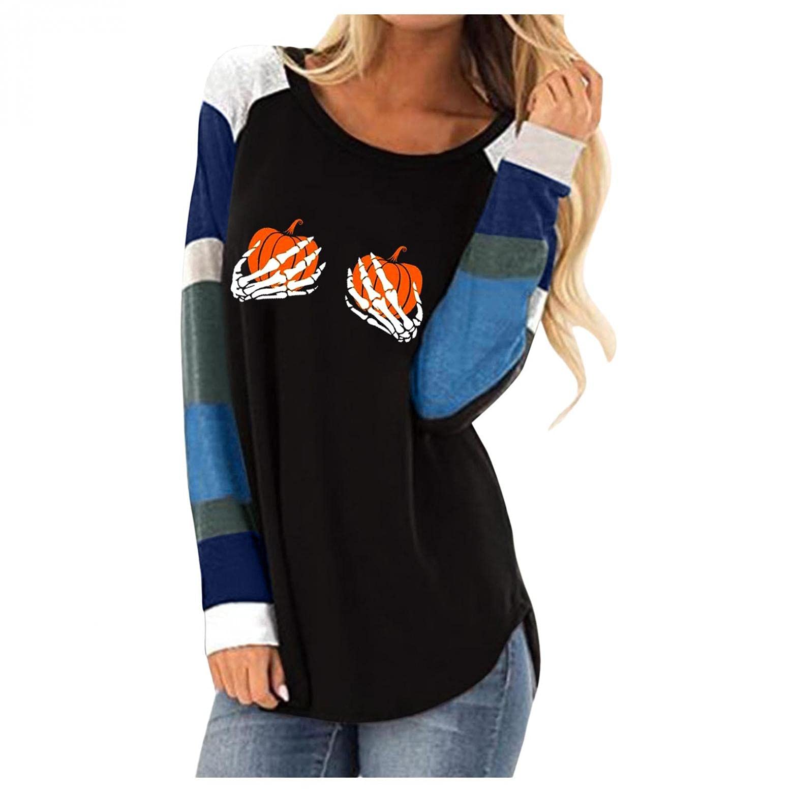 Women's Halloween Colorblock Sweatshirt - Pumpkin Printed Long Sleeve Pullover Shirt for Fall | Cozy Casual Wear, Autumn Outfits & Holiday Parties