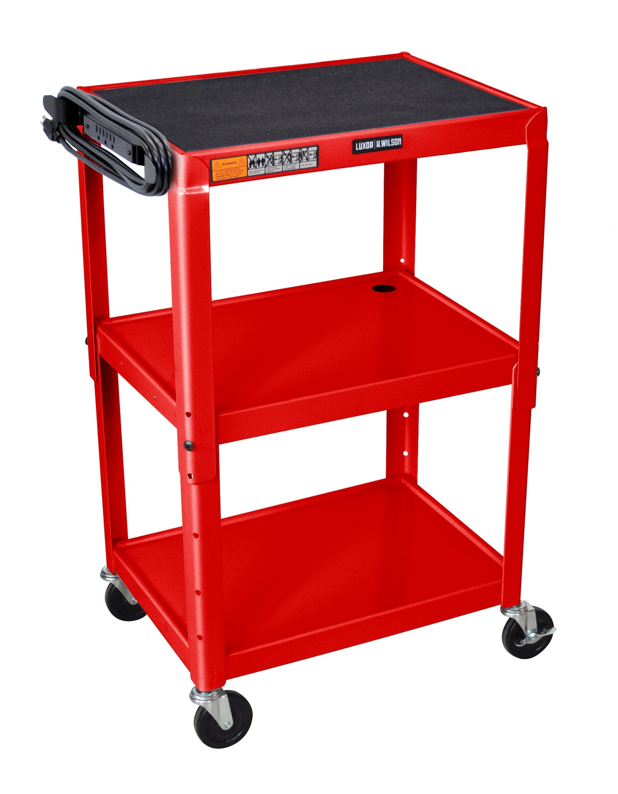 Adjustable Height Red Metal AV Cart with Wheels - Portable Media Stand for Classroom, Office, or Home Theater Use