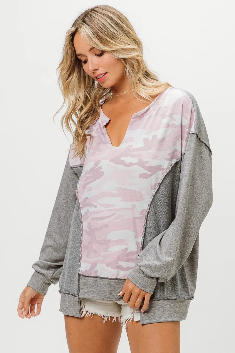 Camo Print French Terry Knit Color Block Top - Women's Stylish Streetwear for Casual Outings & Layering